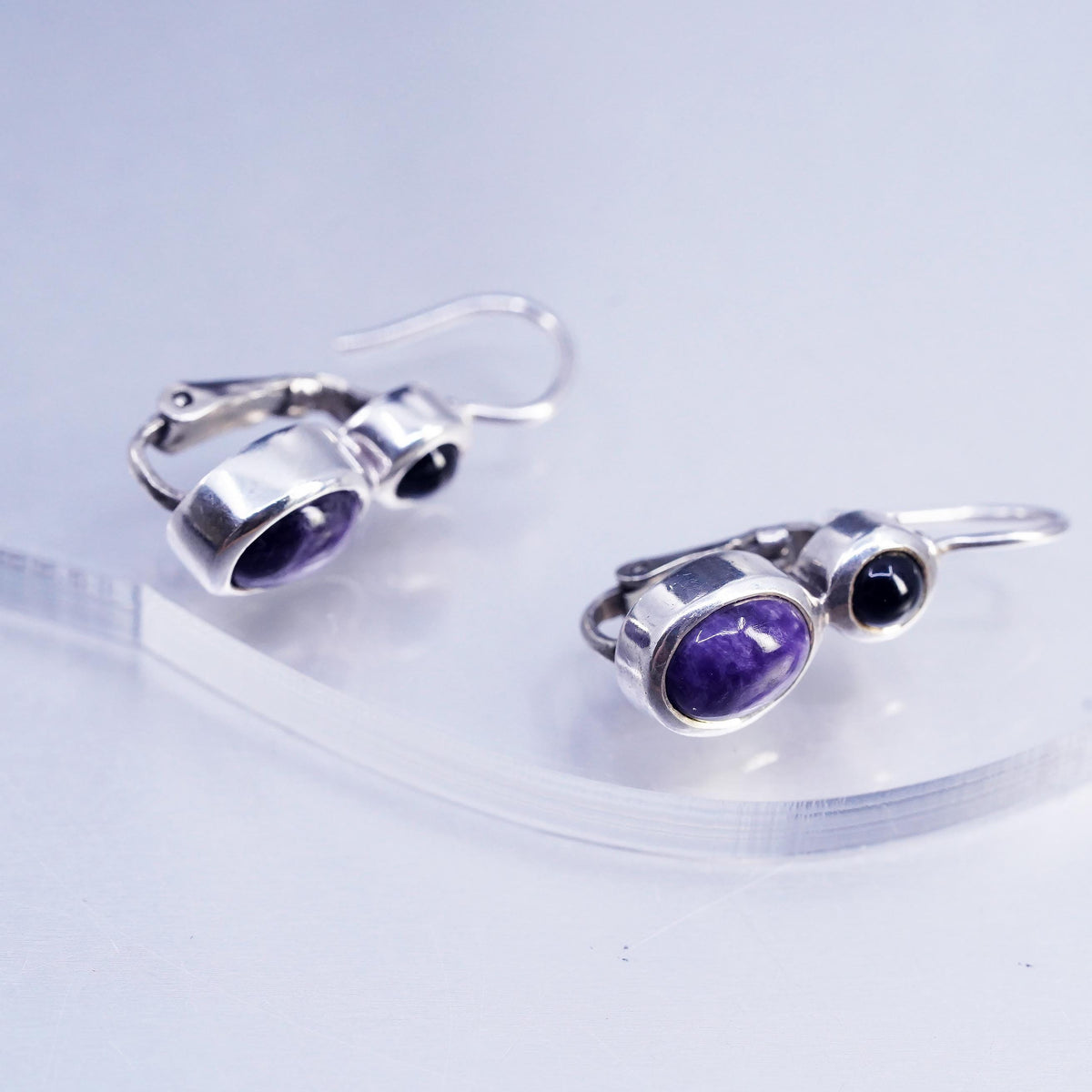 Sterling Silver 925 Amethyst Onyx Drops, Purple Cabochon, Leverback Earrings