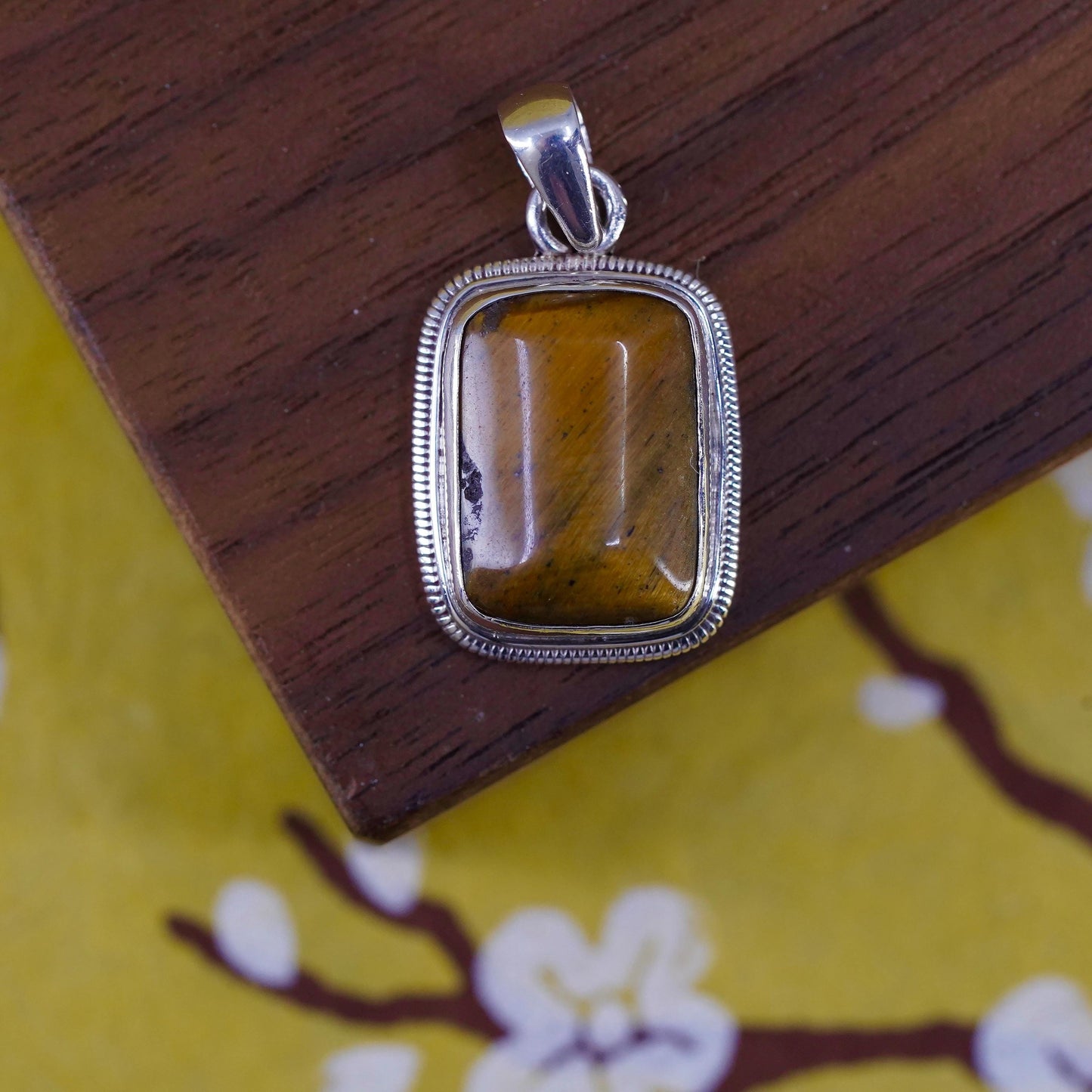 Vintage Sterling silver handmade pendant, Mexico 925 rectangle golden tiger eye