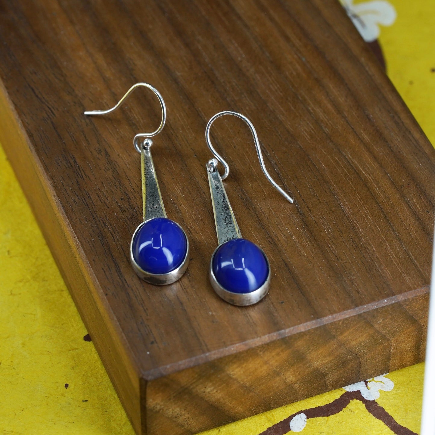 Vintage Sterling 925 silver handmade earrings with blue onyx inlay