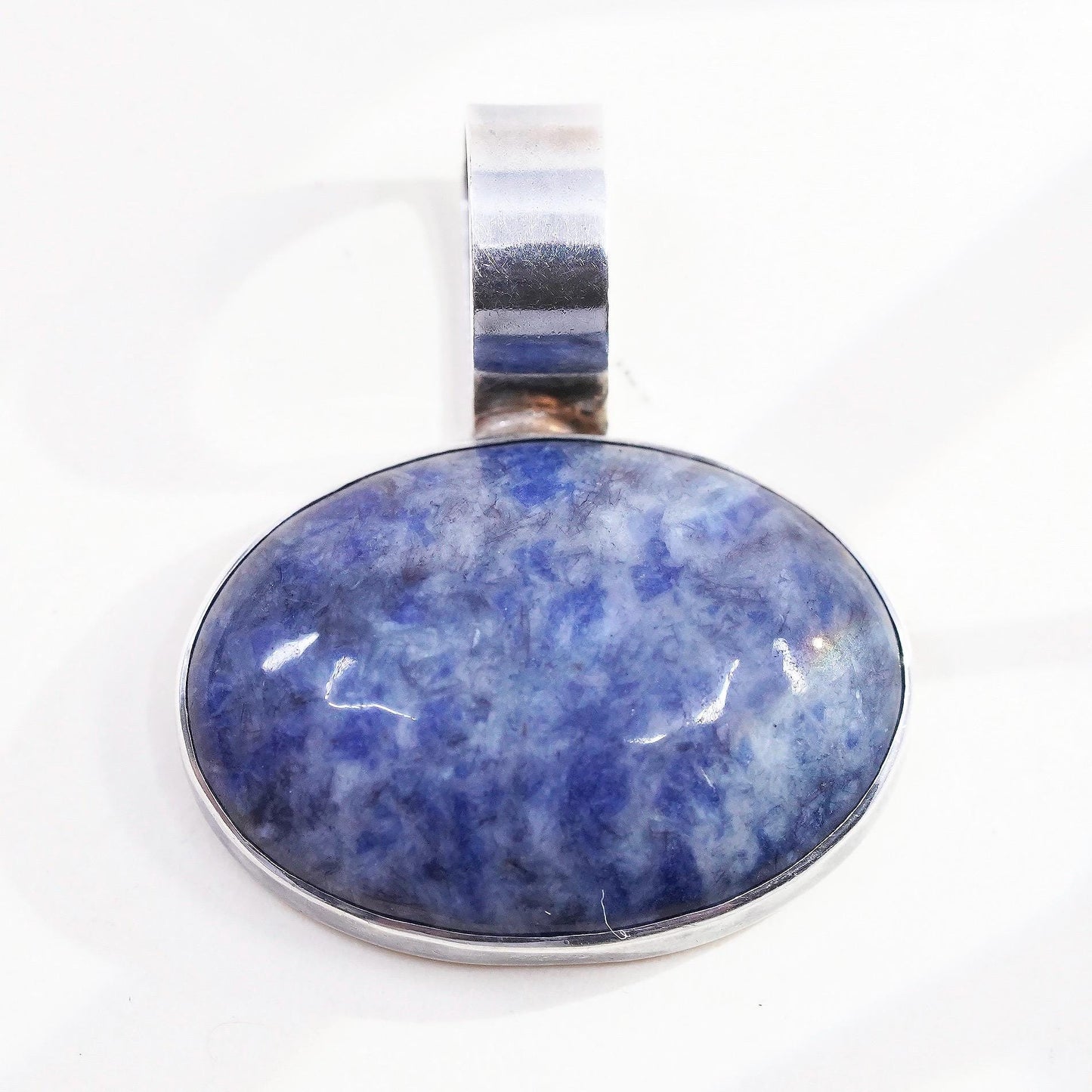 VTG Sterling Silver Blue Sodalite Oval Cabochon Pendant, Modernist 925 Jewelry