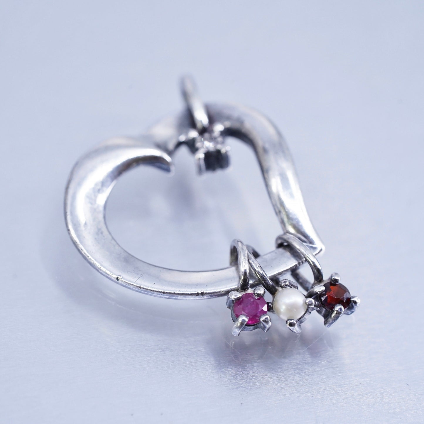 Lenox sterling 925 silver pendant, heart with ruby garnet diamond and pearl