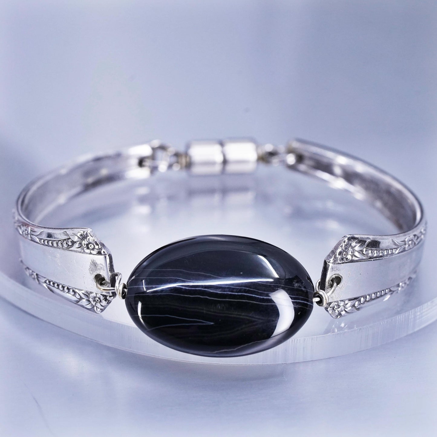 6.75”, Vintage silver tone handmade bracelet, spoon bangle with onyx
