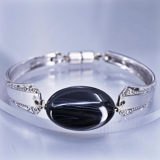 6.75”, Vintage silver tone handmade bracelet, spoon bangle with onyx