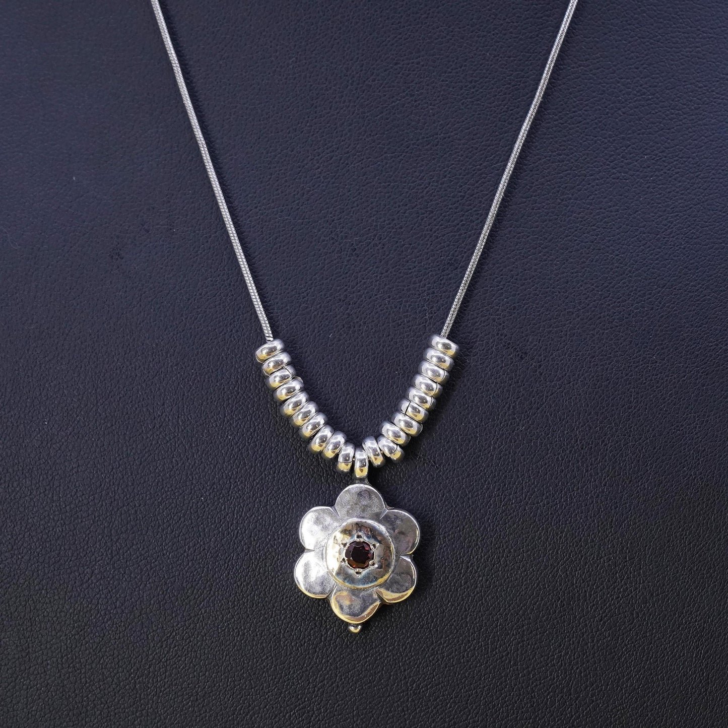 18” 14K flower Sterling silver pendant, 925 snake chain necklace with beads