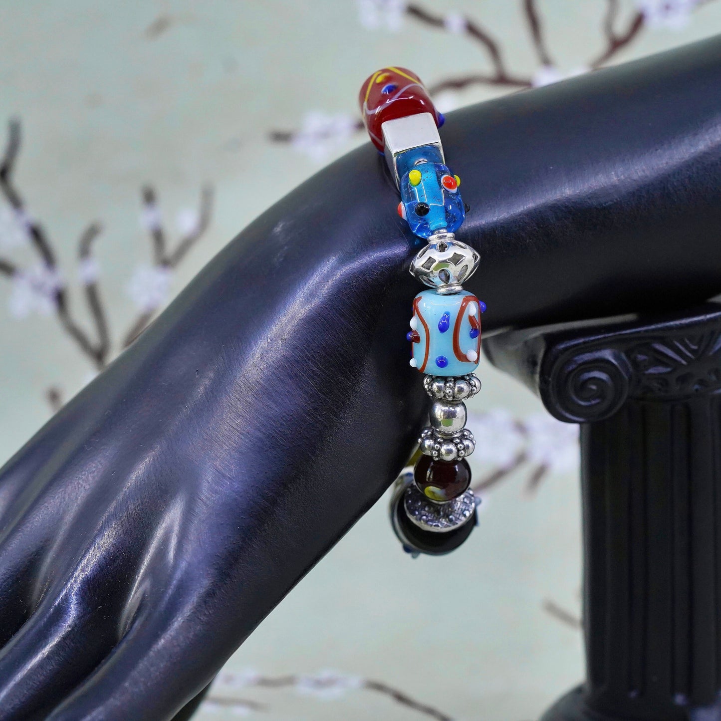 7”, VTG Silpada Sterling Silver Lampwork Art Glass Bead Toggle Bracelet B0871