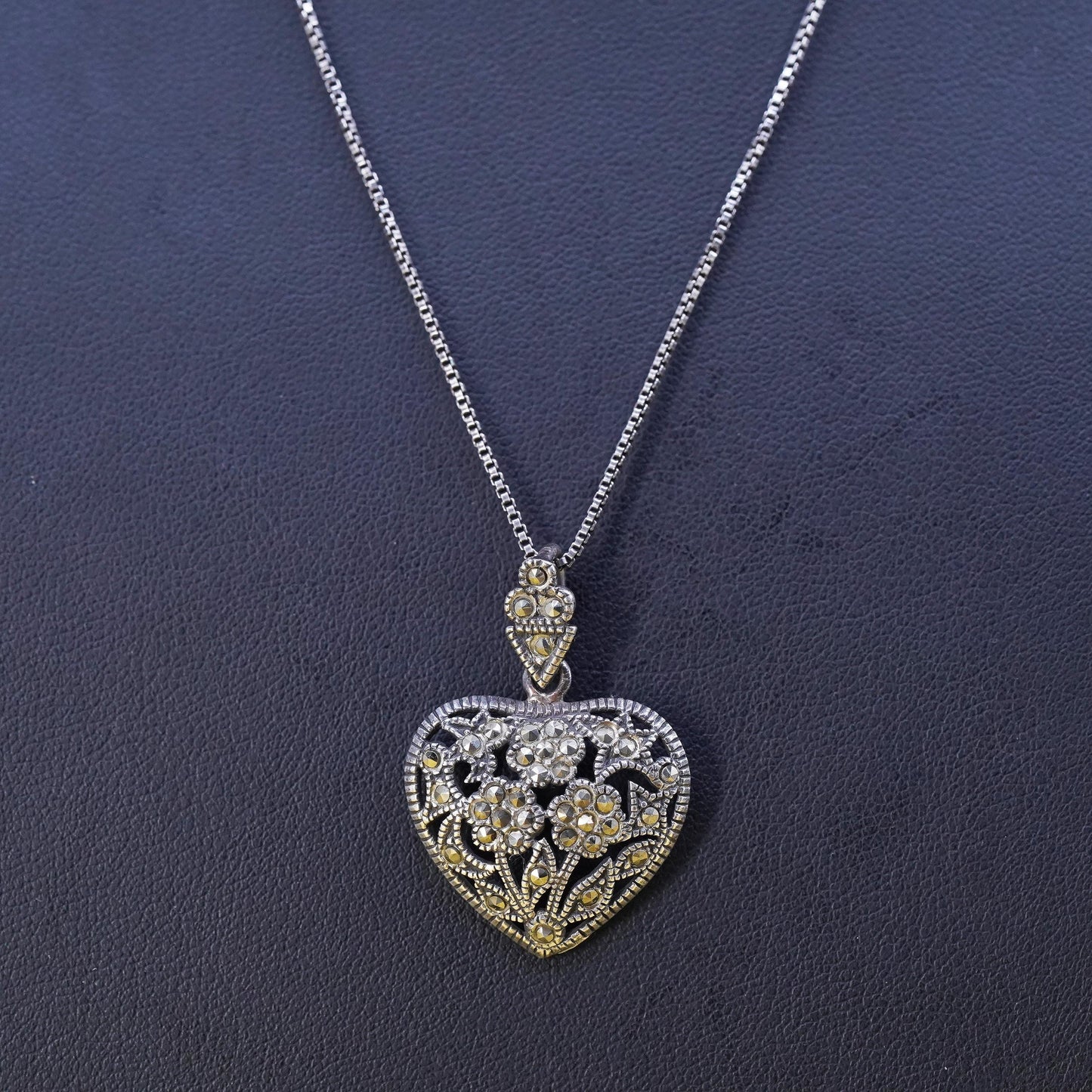 18" 1mm, Sterling silver necklace, 925 box chain with heart marcasite pendant
