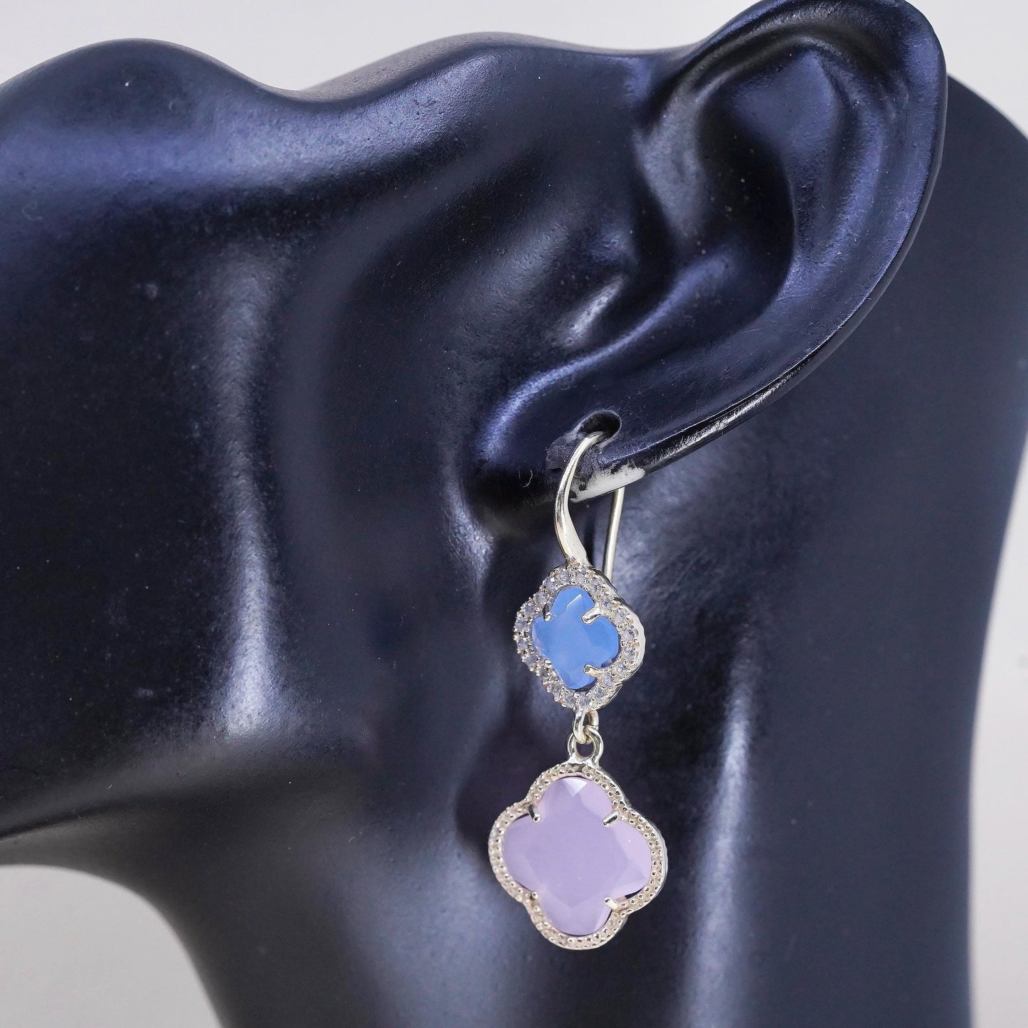 Italian yellow gold plated Sterling Silver Blue Pink Chalcedony Clover Earrings