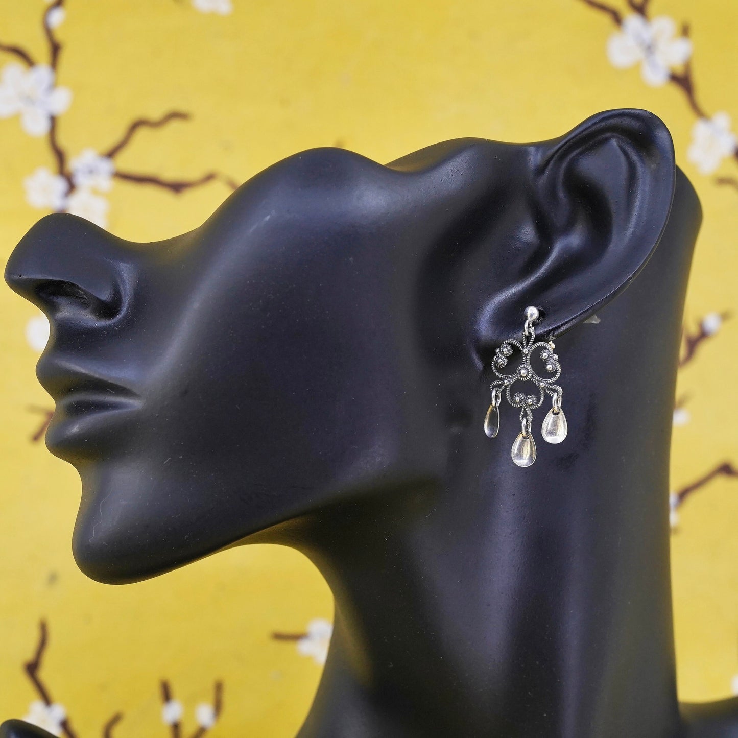 vintage sterling 925 silver handmade filigree earrings with teardrop dangles