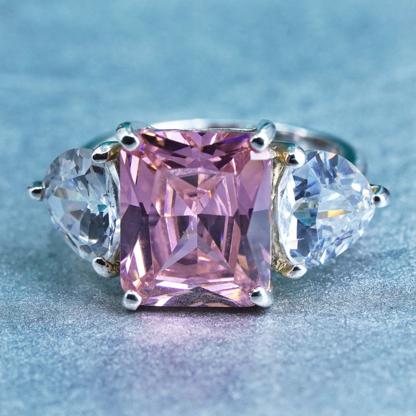 Size 7, vintage Sterling 925 silver handmade ring with rectangular pink Cz