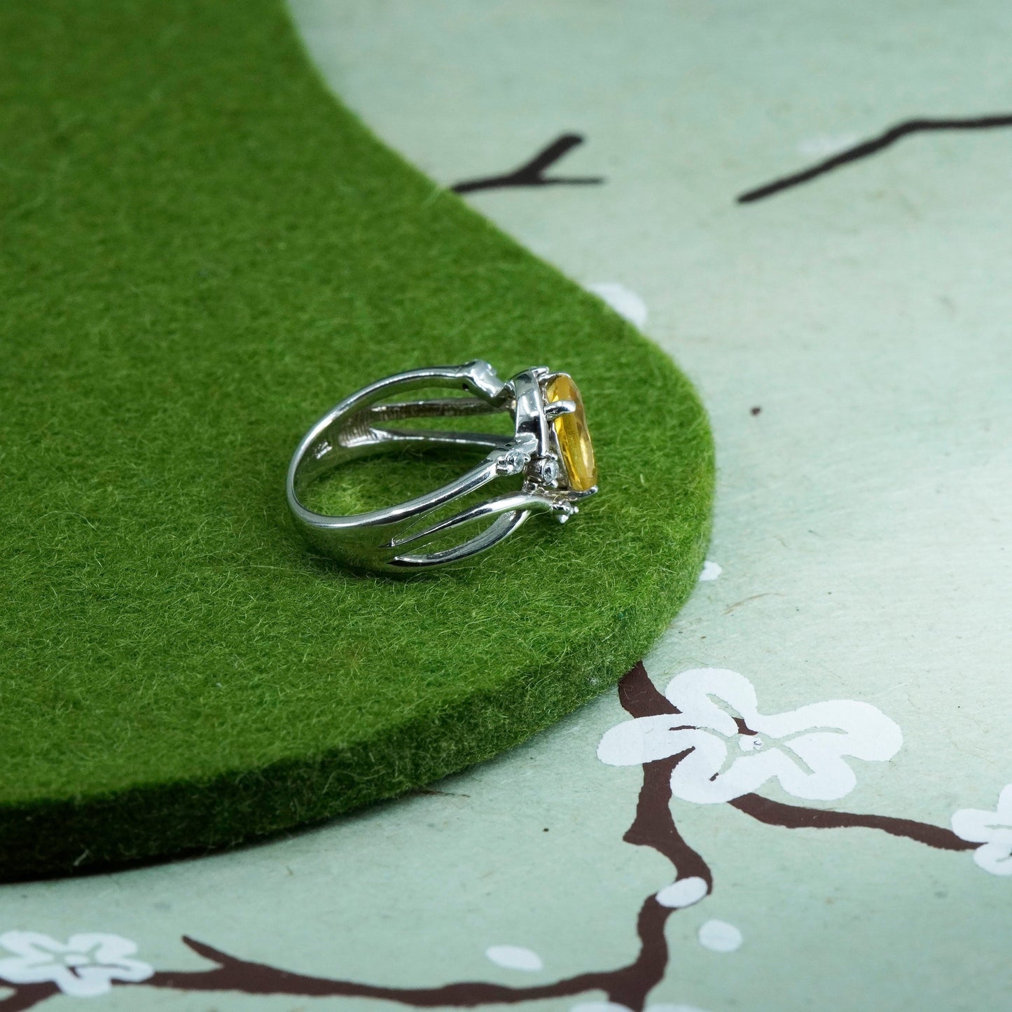 Size 5, Sterling silver ring, stackable 925 band with oval citrine and crystal