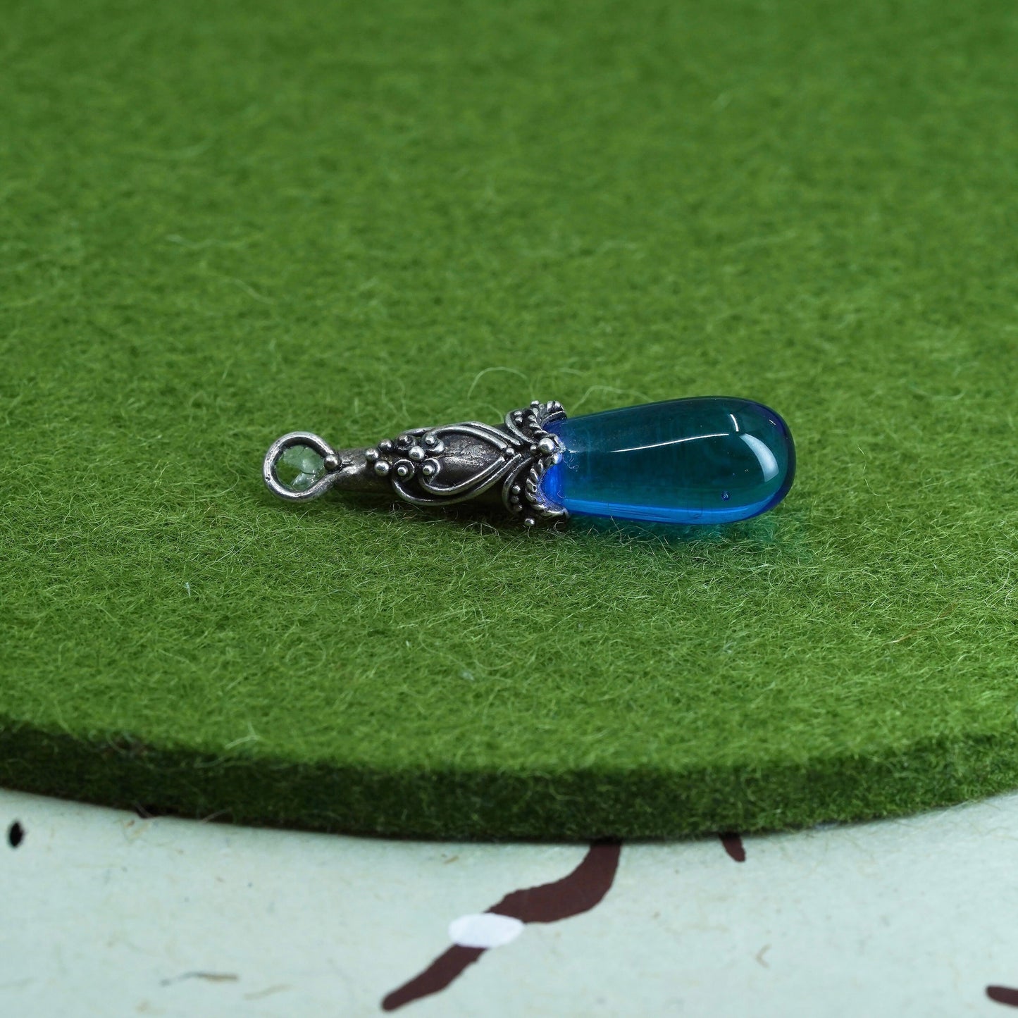 Vintage handmade Sterling 925 silver pendant with teardrop blue glass