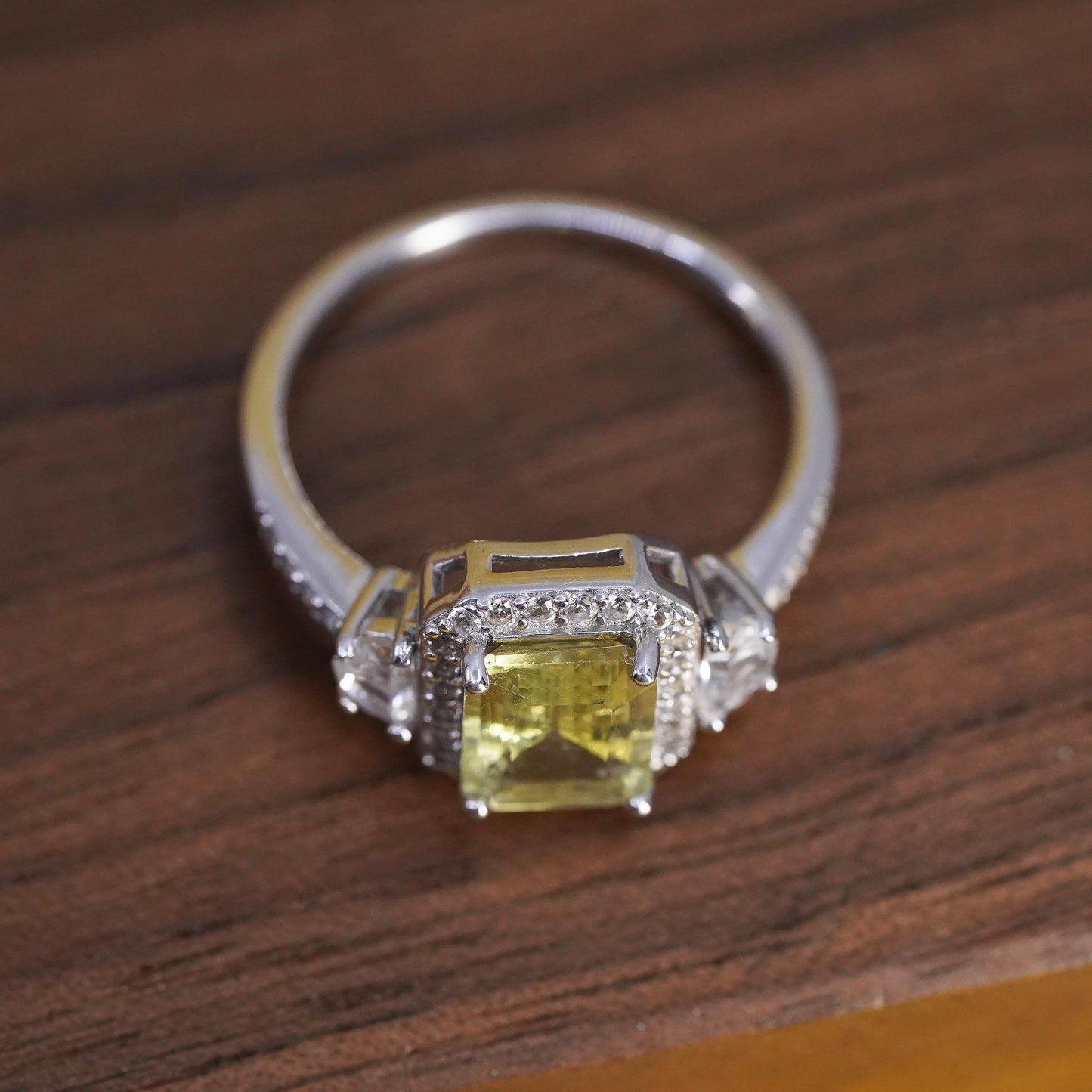 Size 9, vintage BBJ Sterling 925 silver ring with emerald cut citrine and cz