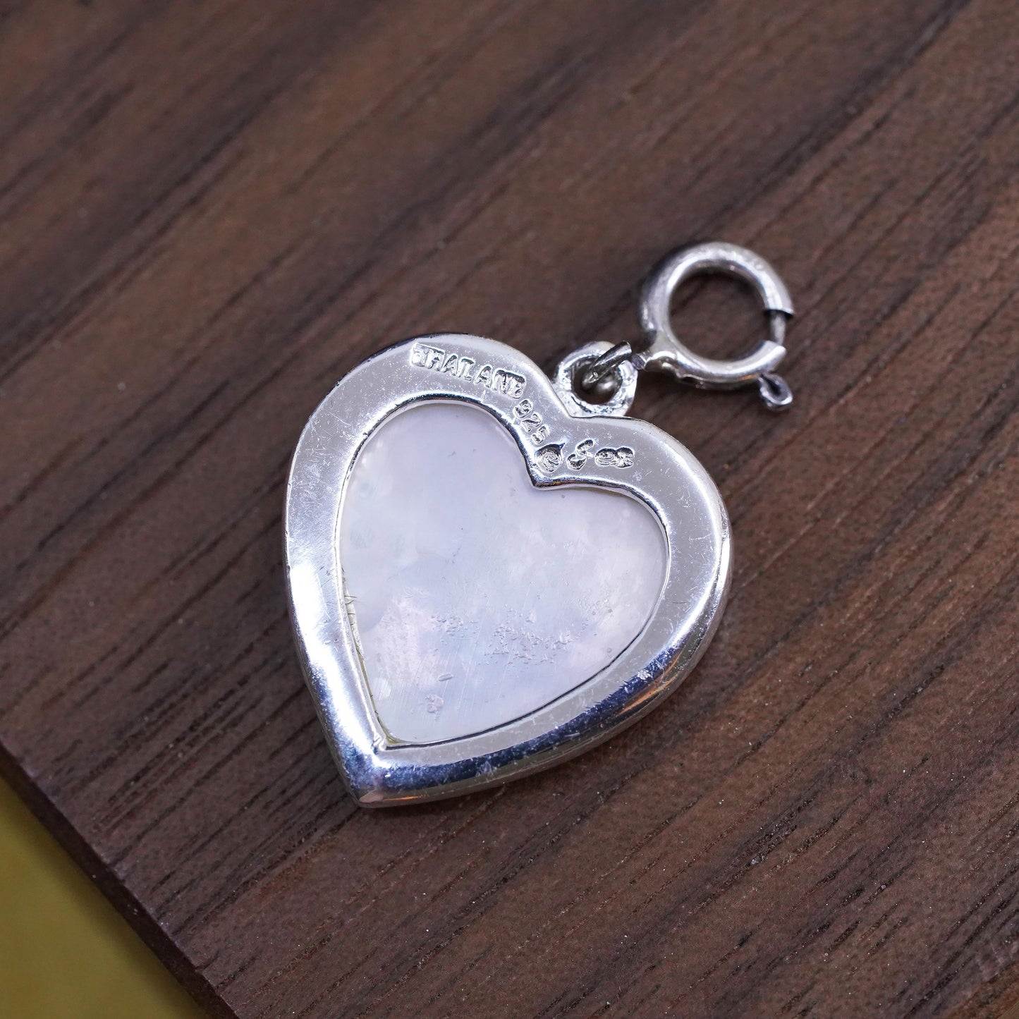 Sterling silver pendant, 925 heart pendant with carved flower mother of pearl