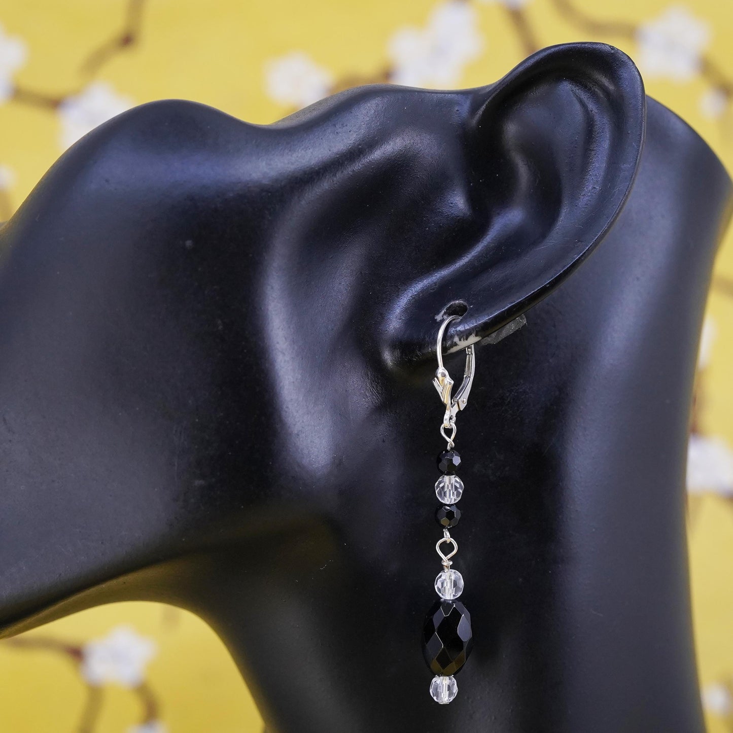 Vintage Sterling 925 silver handmade earrings with obsidian crystal lever back