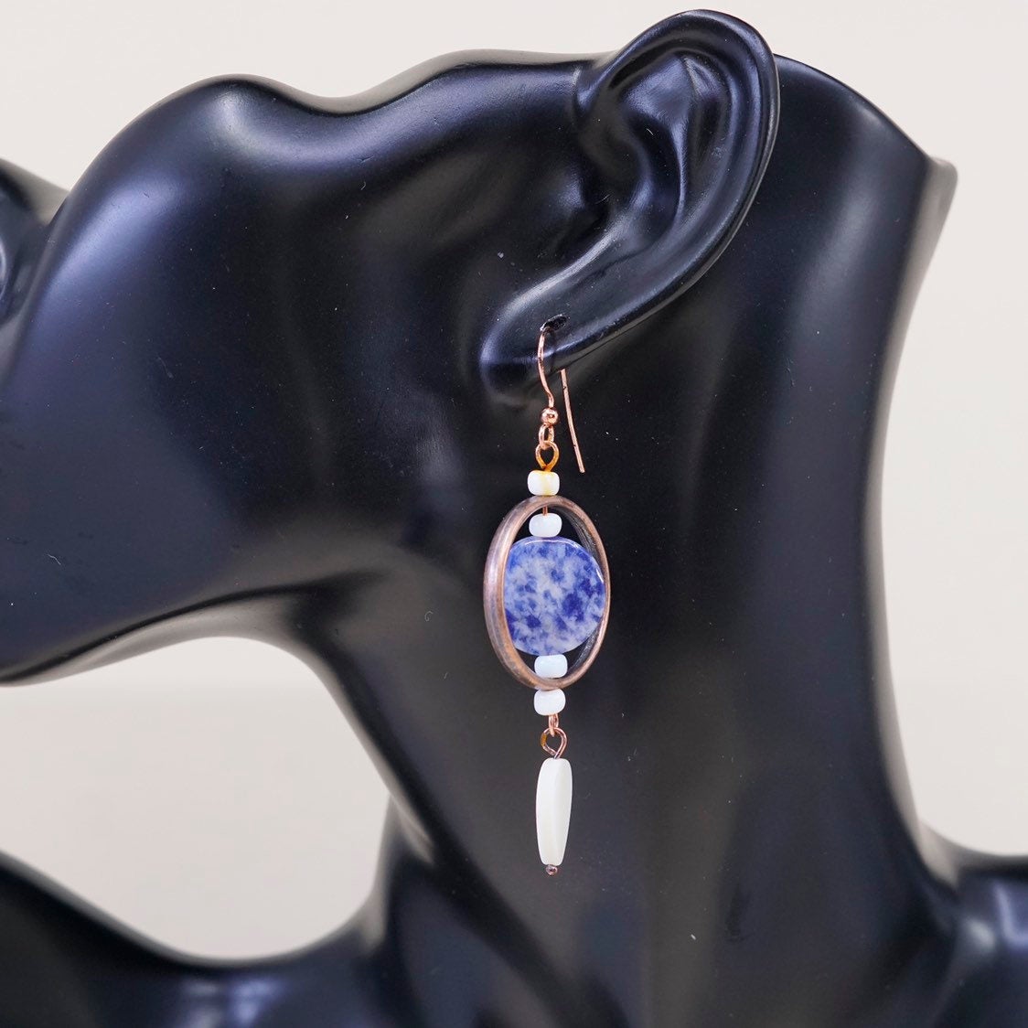 VTG handmade earrings, blue agate mother of pearl drops with copper circle
