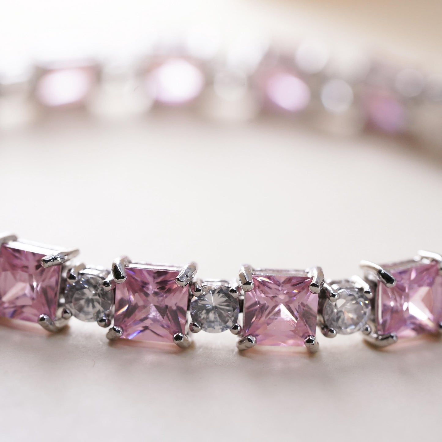 7", Vintage Sterling 925 silver tennis bracelet with square pink cz