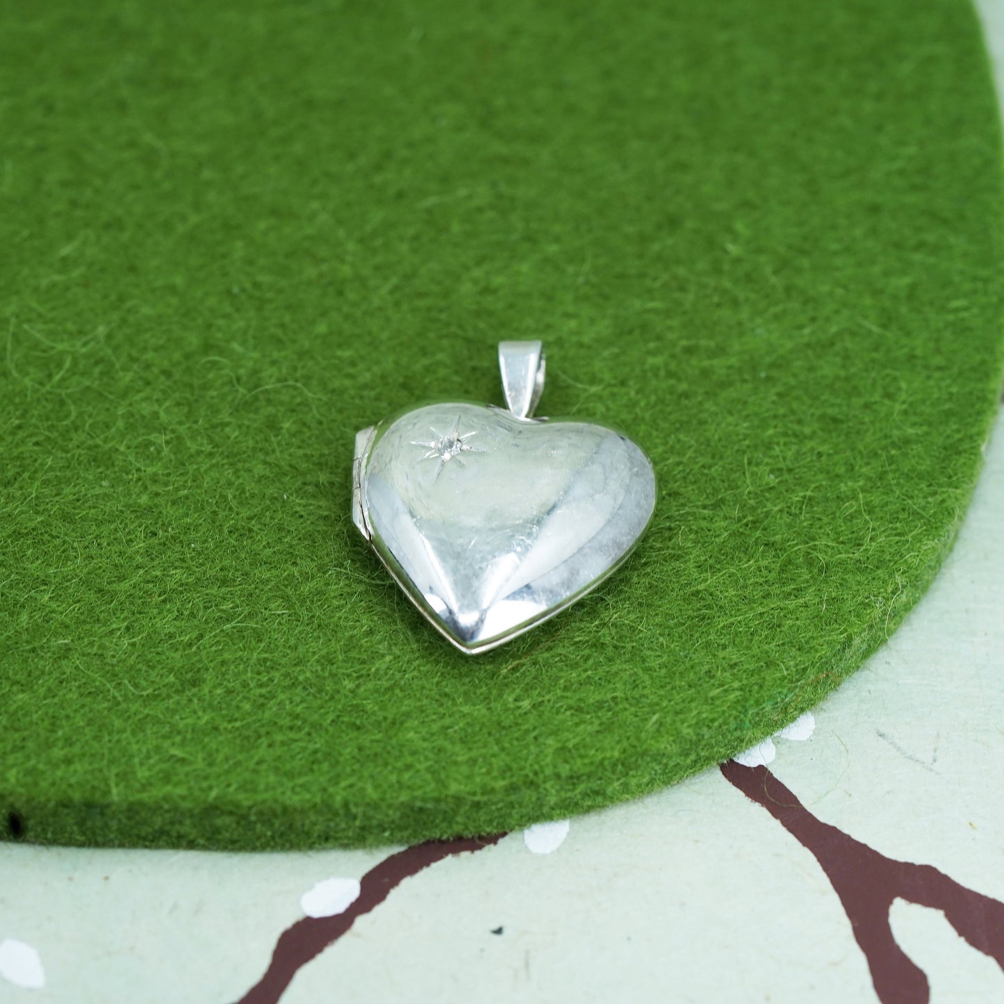 Vintage sterling silver photo locket charm pendant, 925 heart with cz star