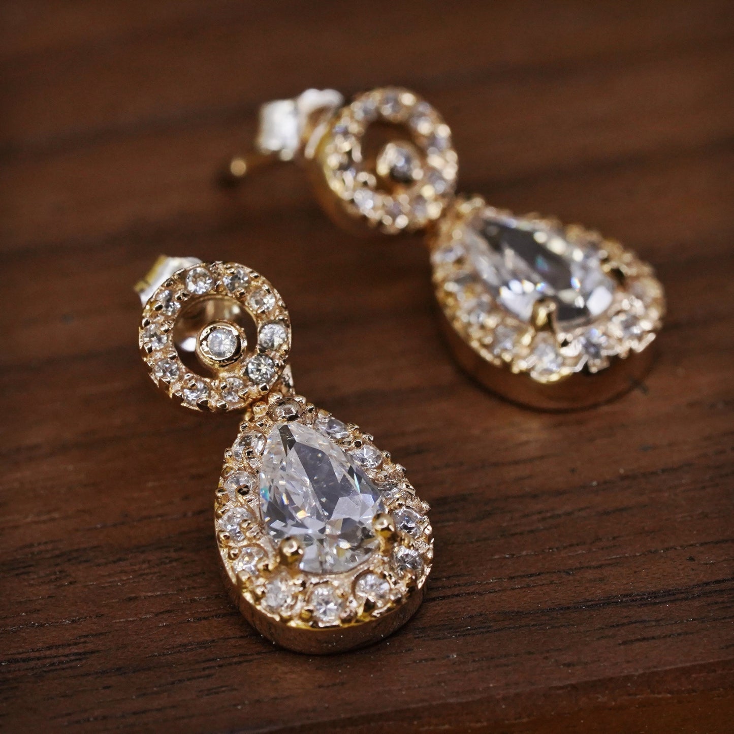 Vintage vermeil gold filled Sterling 925 silver teardrop earrings with cz