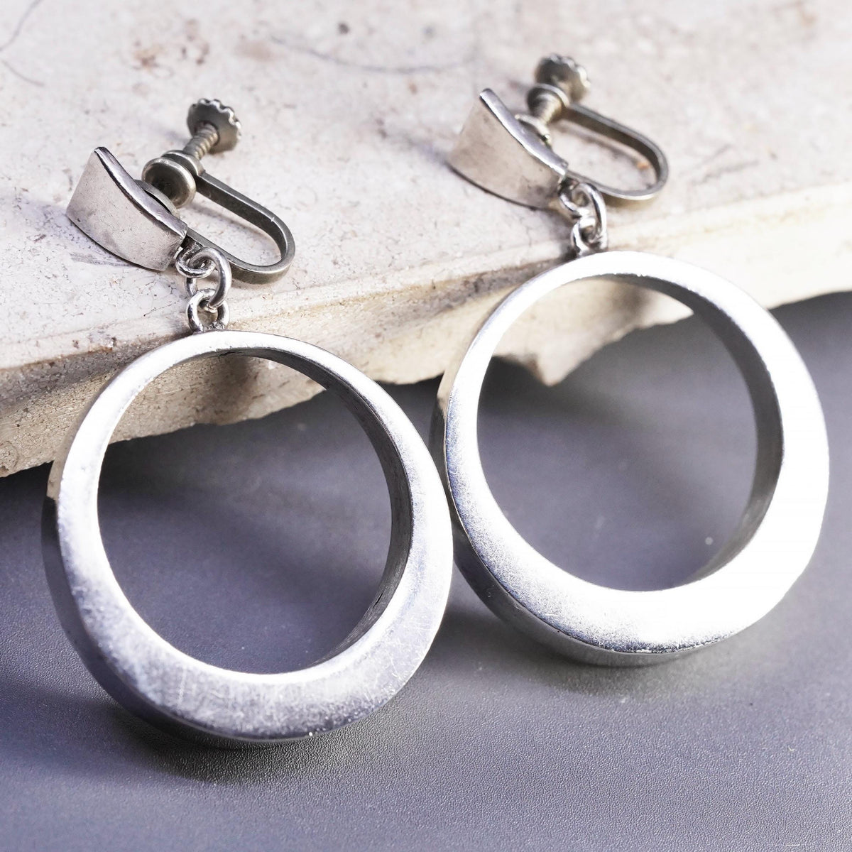 Sterling 925 Silver Circle Dangle Earrings, Large Open Hoop Screw Back Earrings