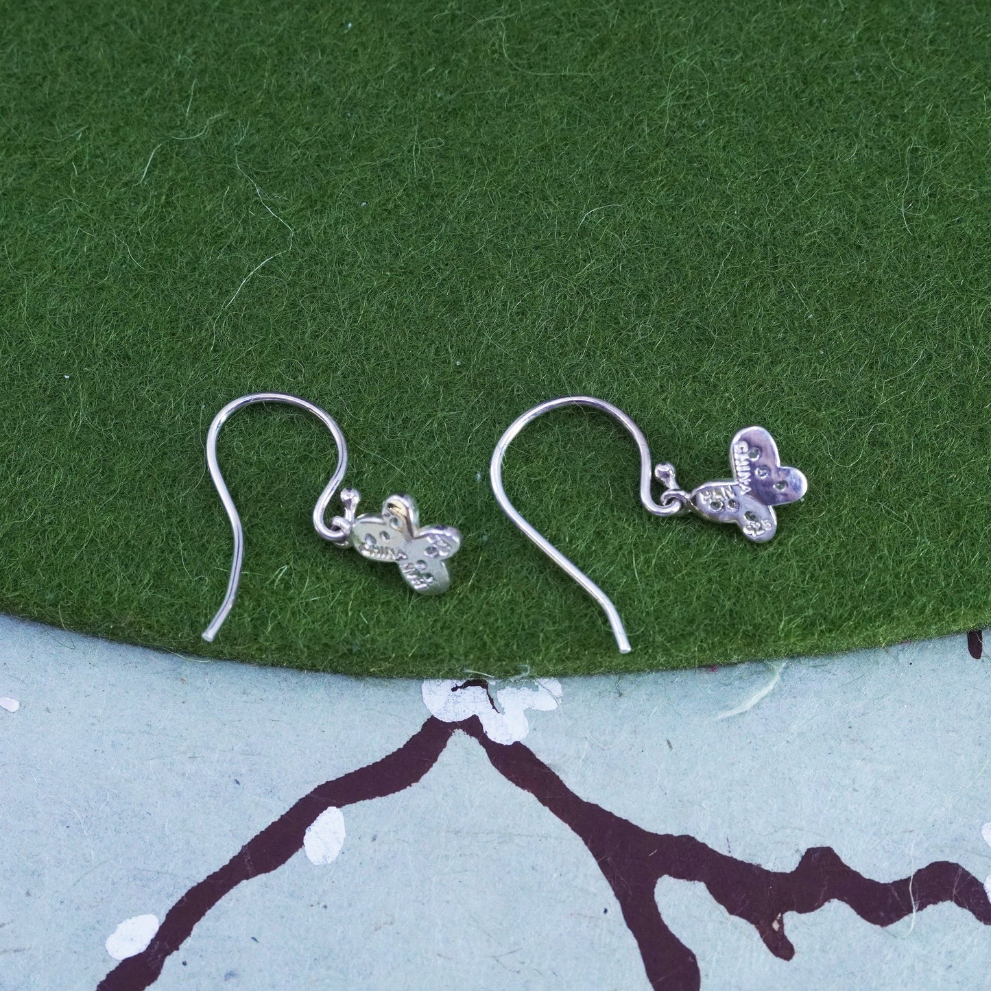 Vintage sterling silver handmade earrings, 925 butterfly dangles with cz