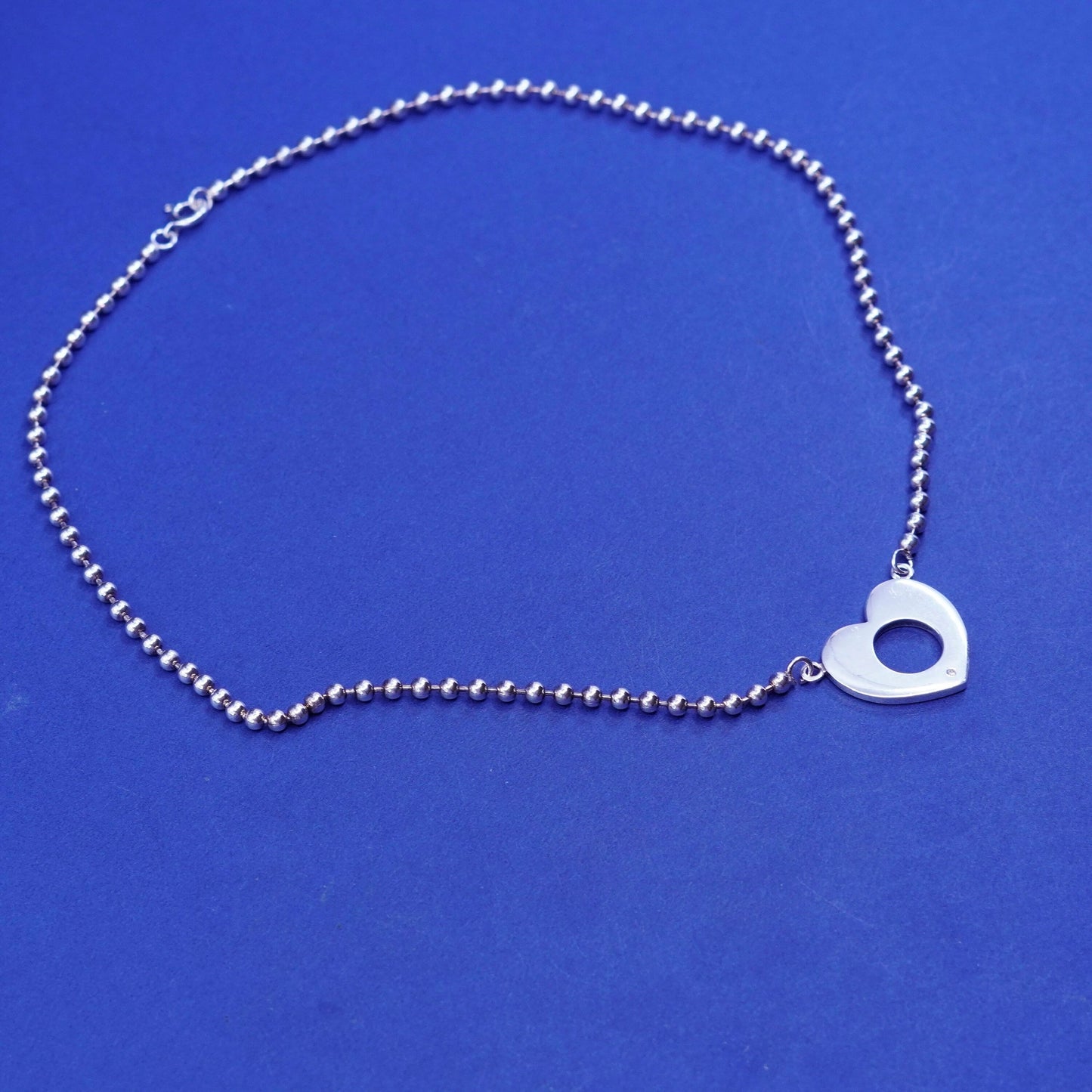 16”, 2mm, vintage Sterling silver necklace, 925 bead chain with heart pendant