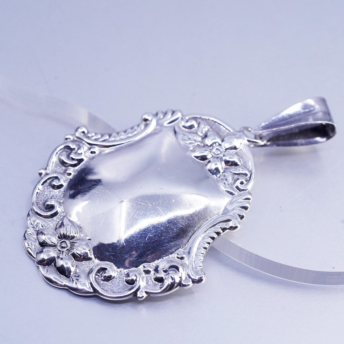 VTG Sterling Silver 925 Floral Scroll Pendant, Ornate Repousse Large Pendant