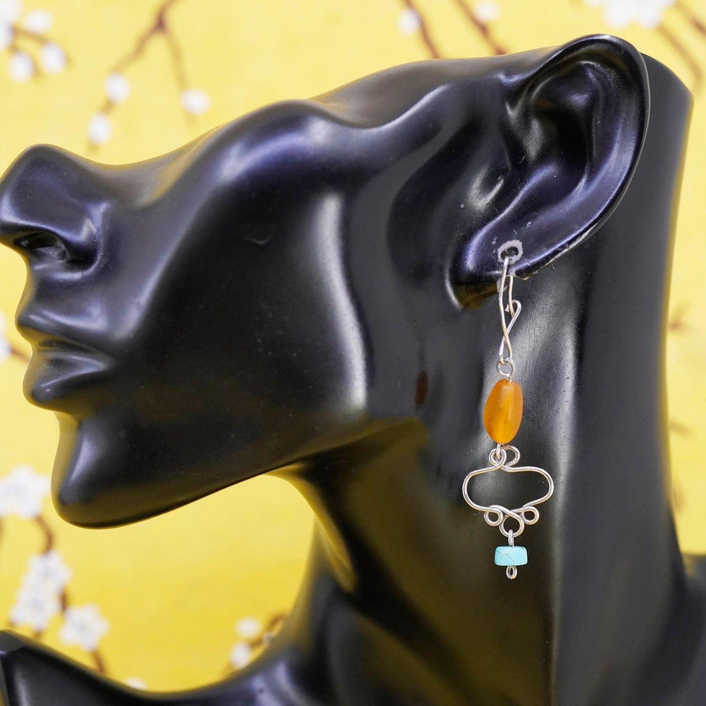 Vintage Sterling 925 silver handmade earrings with Amber nugget and turquoise