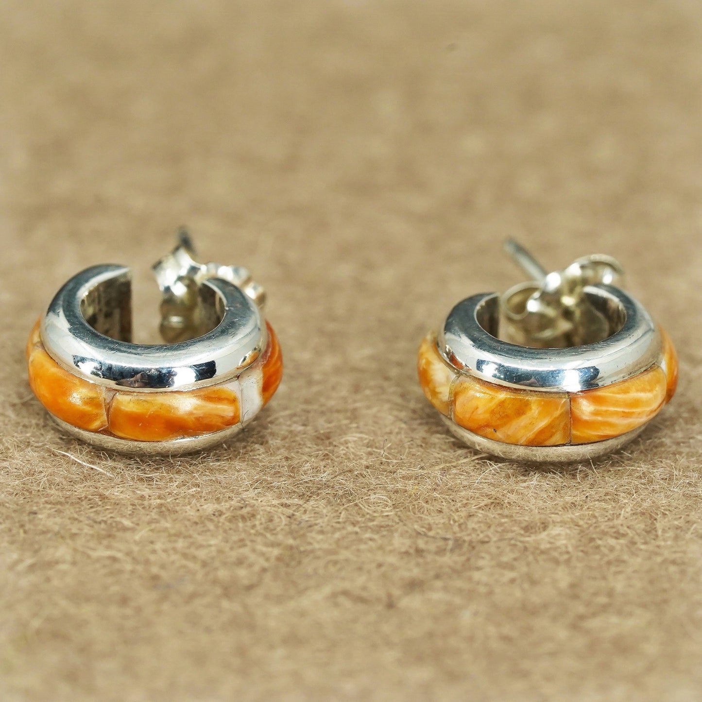 Native American Navajo Sterling 925 silver earrings, huggie studs with coral