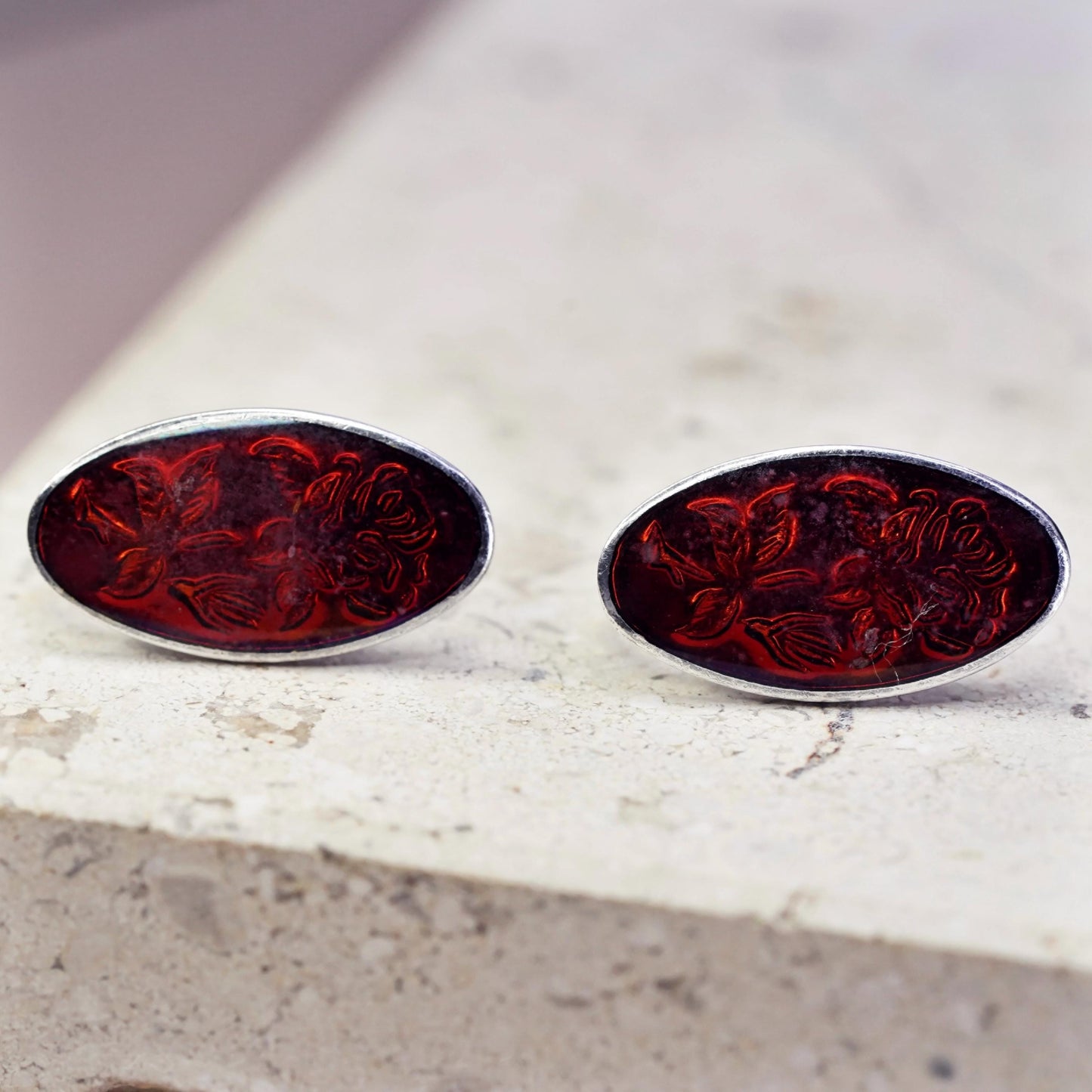 Vintage Sterling 925 silver screw back oval earrings with red enamel flower