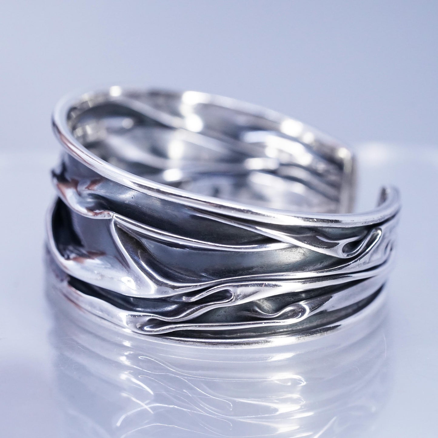 5.75”, Vintage Mexican oxidized Sterling 925 silver bracelet, wide wrinkle cuff