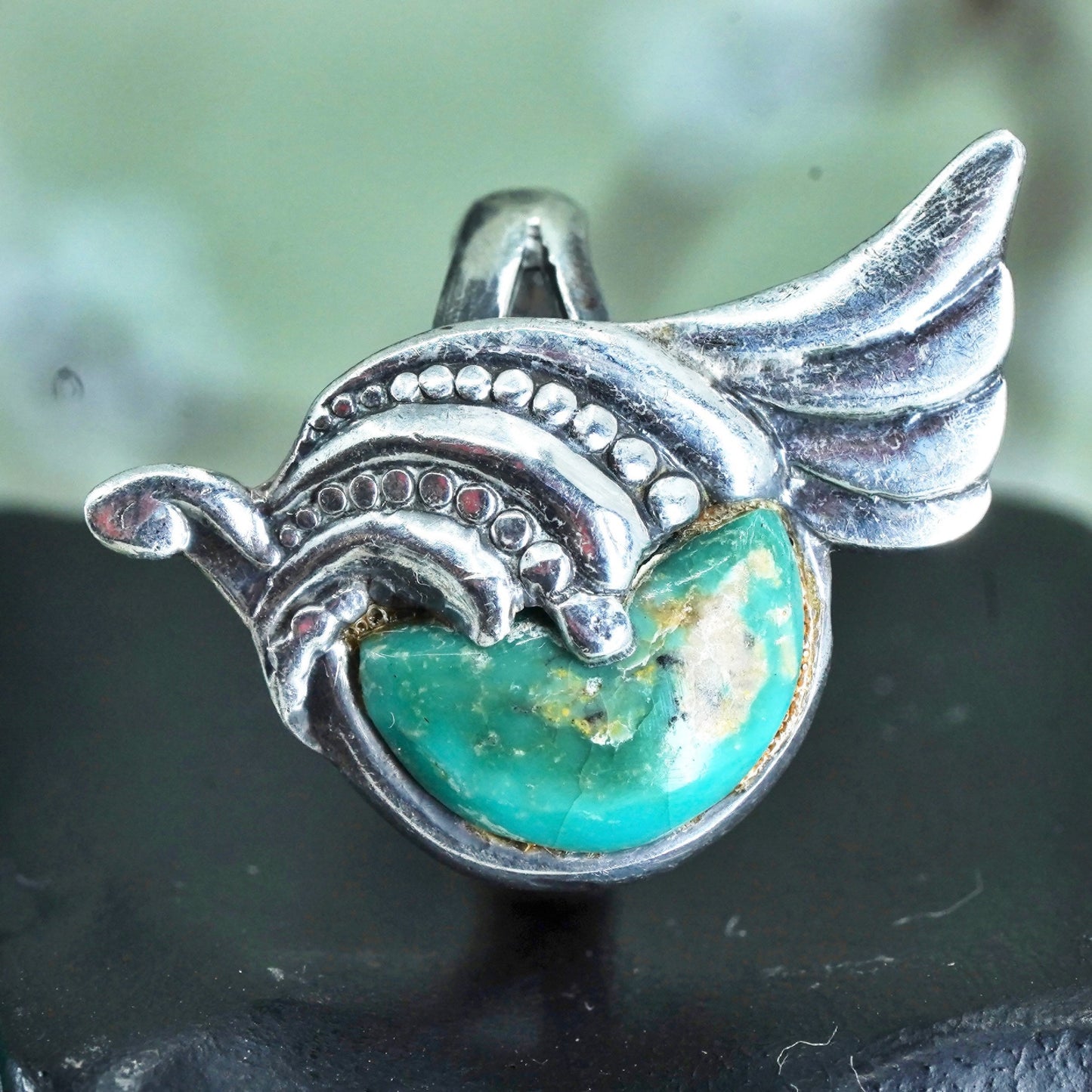 Size 10, Native American sterling silver 925 ring with turquoise ribbed details