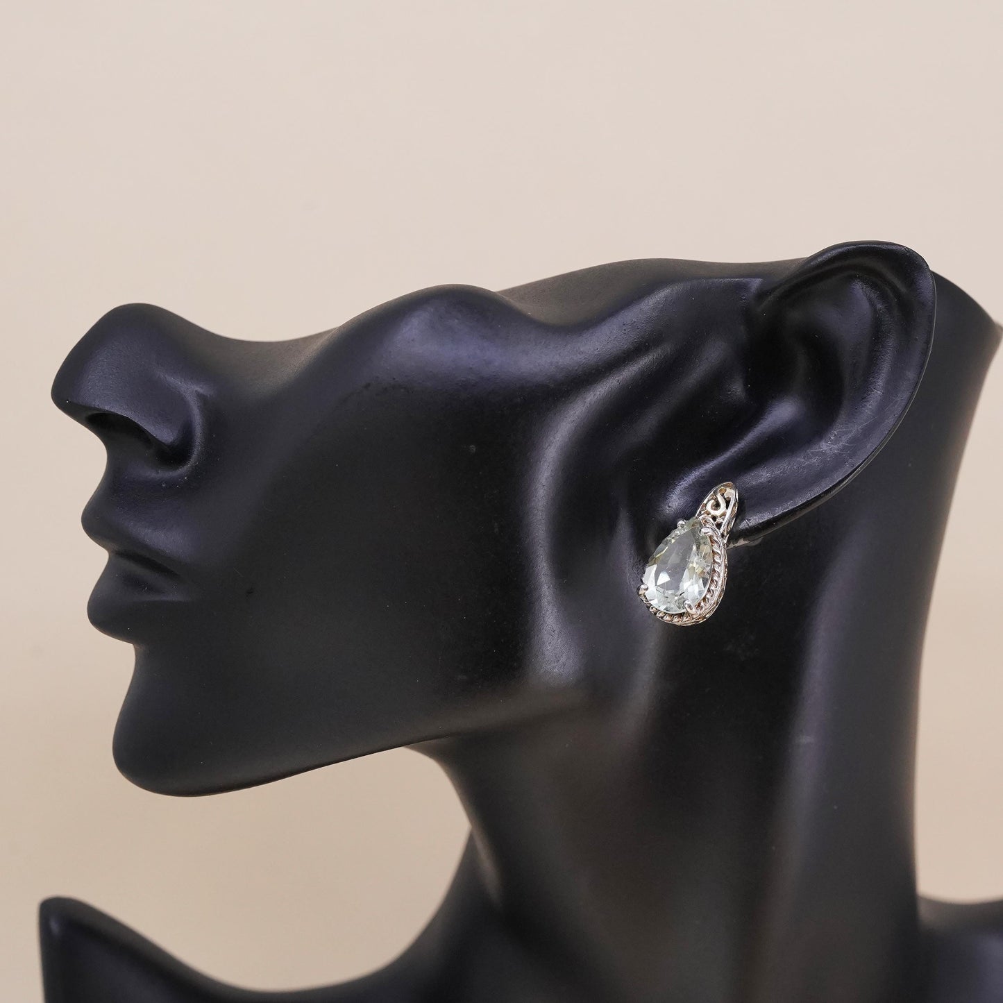 Vintage two tone single earring. Sterling 925 silver teardrop stud chalcedony