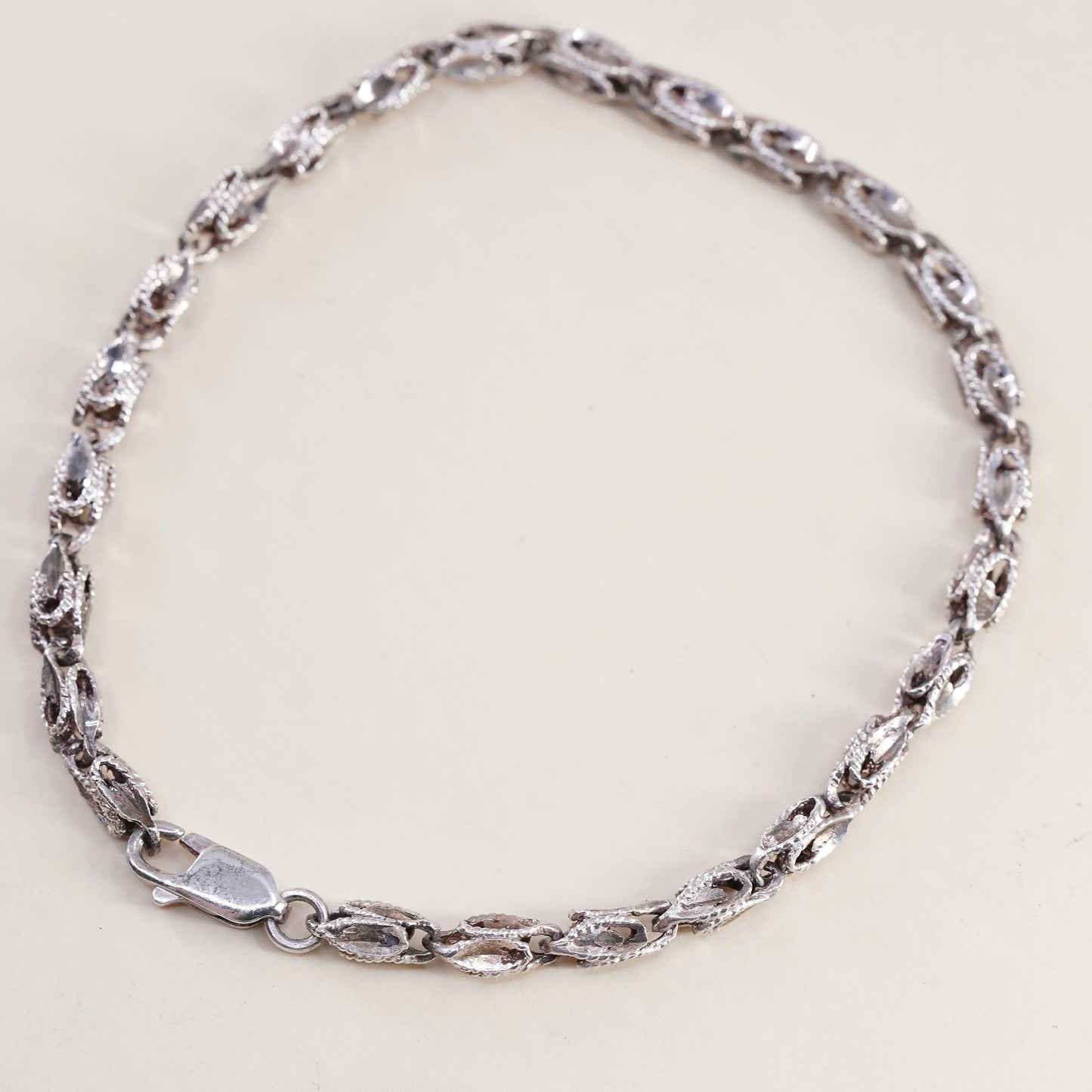 7.75", VTG Sterling 925 Silver Marquise Chain, Textured Organic Leaf Bracelet