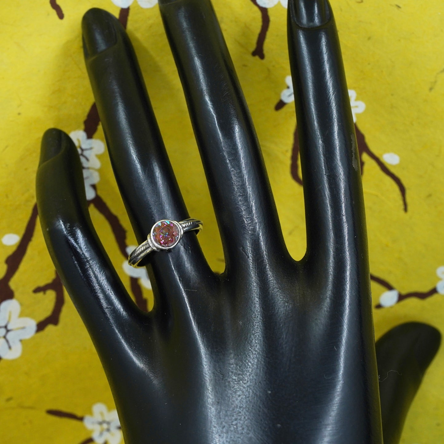 Size 6.25, vintage Sterling 925 silver handmade stackable ring w/ pink crystal