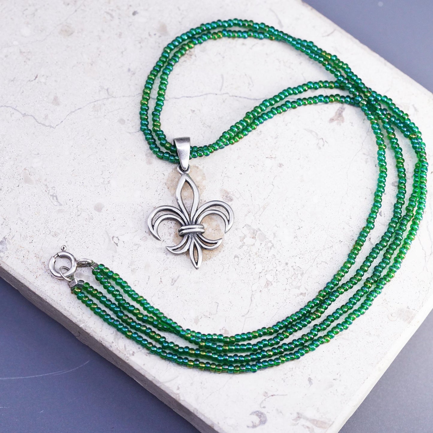 16”, Sterling Silver 925 Fleur de Lis Necklace Beaded Multi Strand 925 French