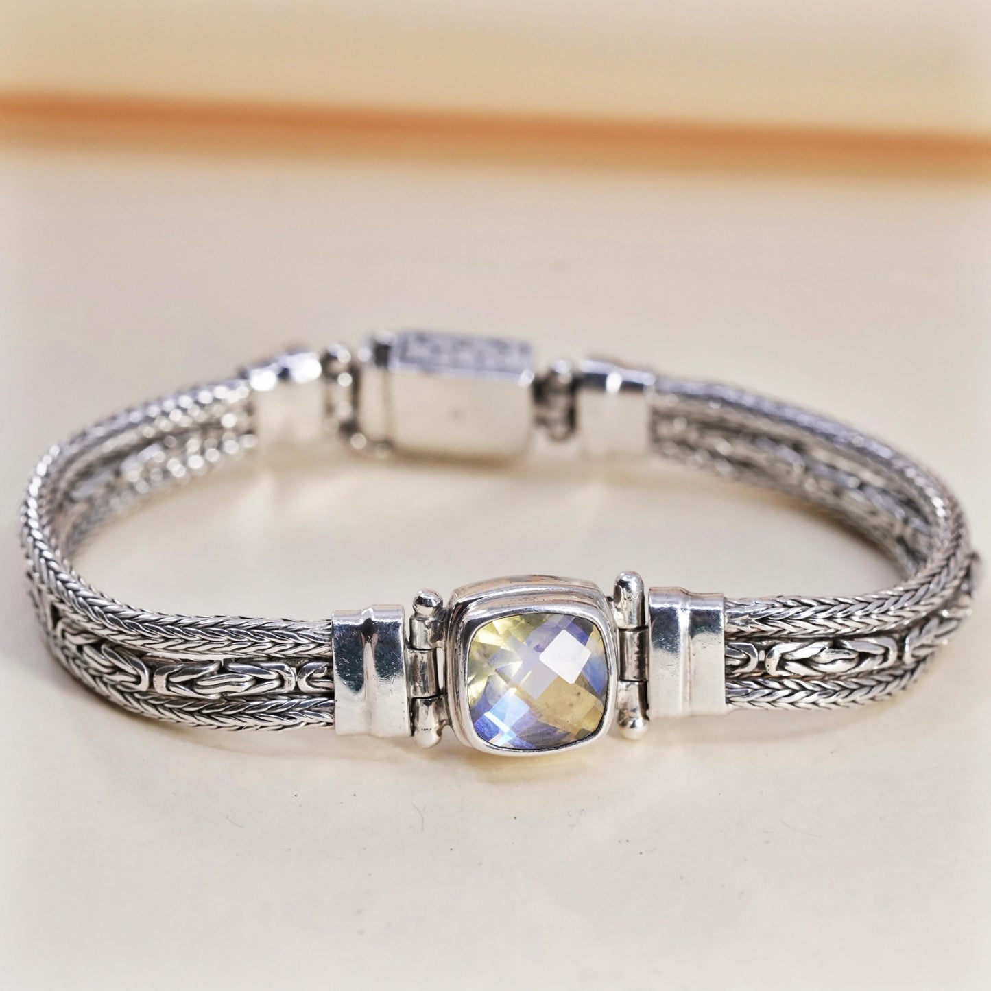 6”, Sarda Sterling silver bracelet, multi strands 925 wheat chain Mystic Quartz