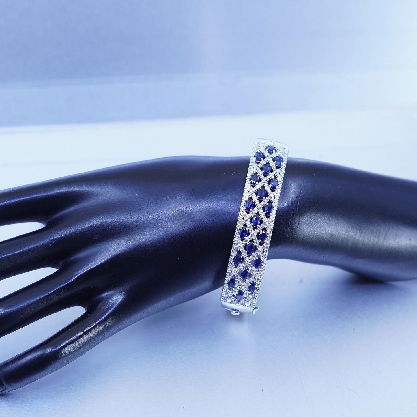 7”, Sterling 925 silver handmade bracelet, hinged bangle sapphire diamond
