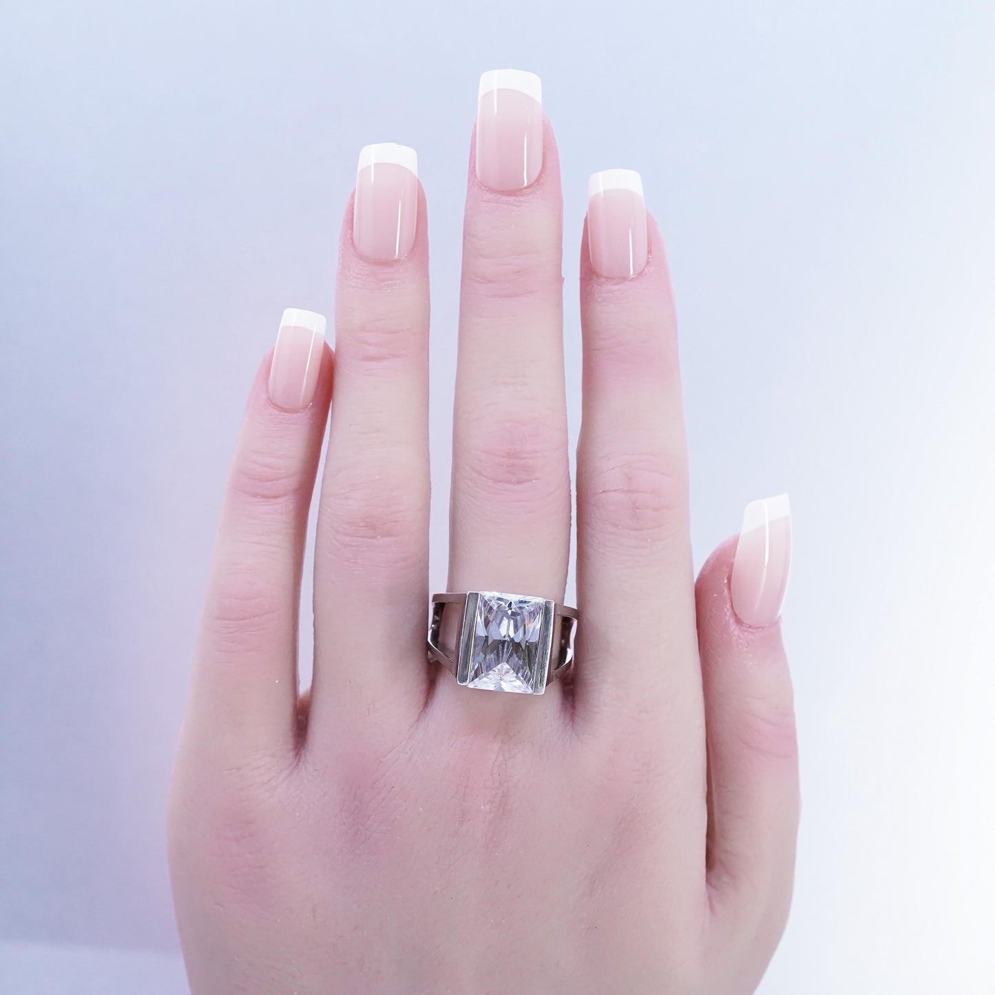 Size 7, vintage Sterling 925 silver handmade statement ring with emerald cut Cz
