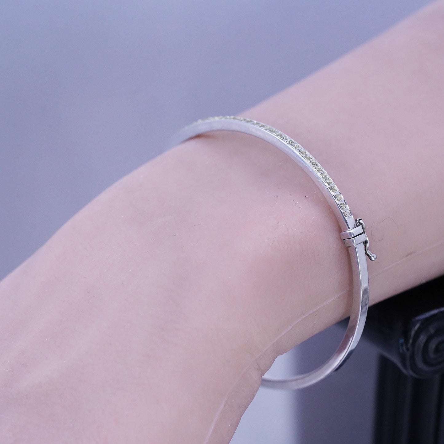 7", Italy Sterling 925 silver stackable bracelet, hinged bangle cluster citrine