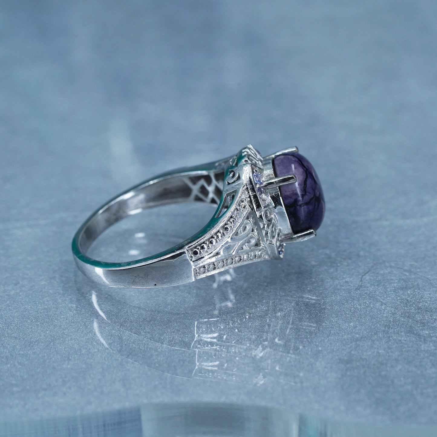 Size 10, Sterling 925 silver handmade ring with opalizted fluorite and amethyst