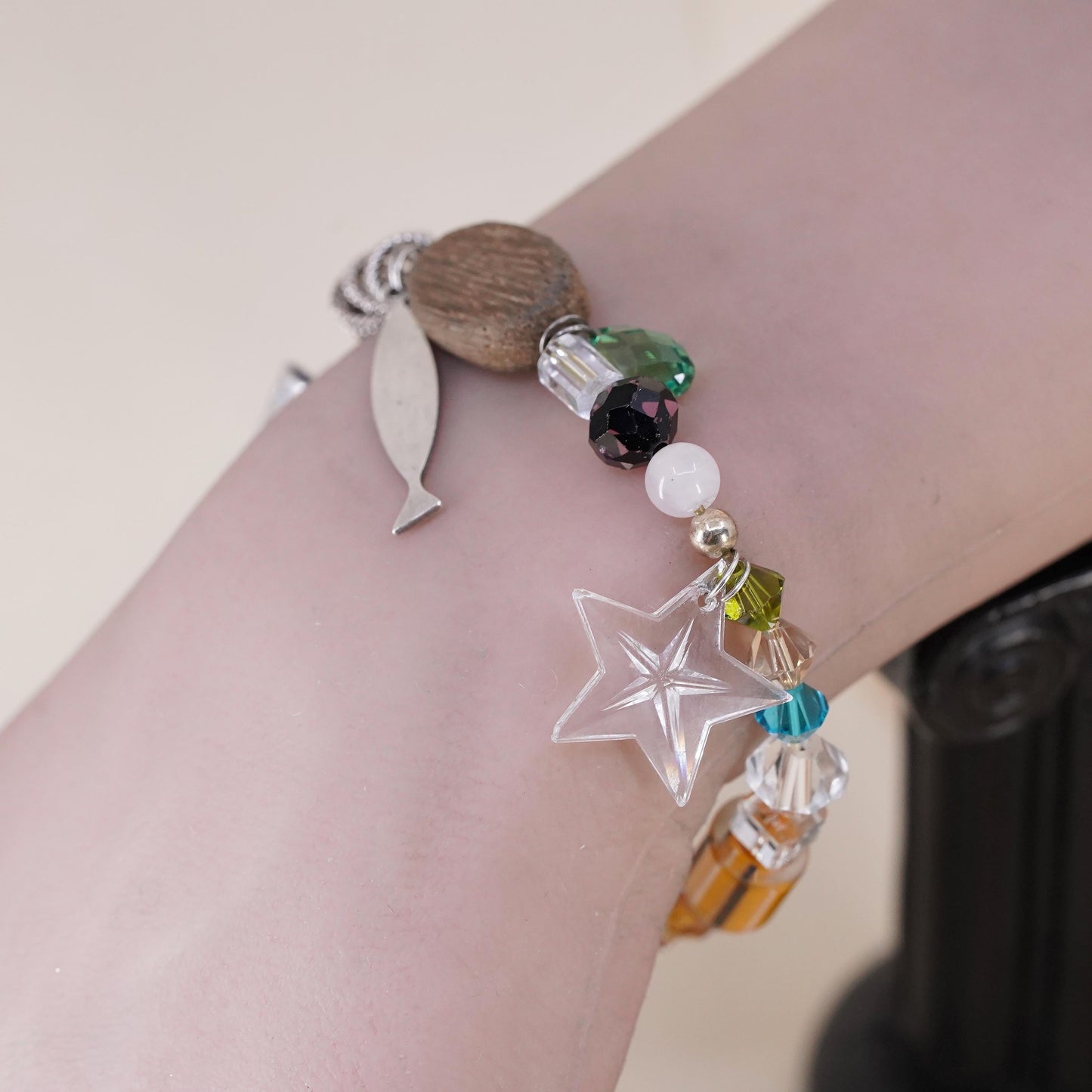 7", stretchy bracelet wood howlite beads prayer cross fish heart bible charms