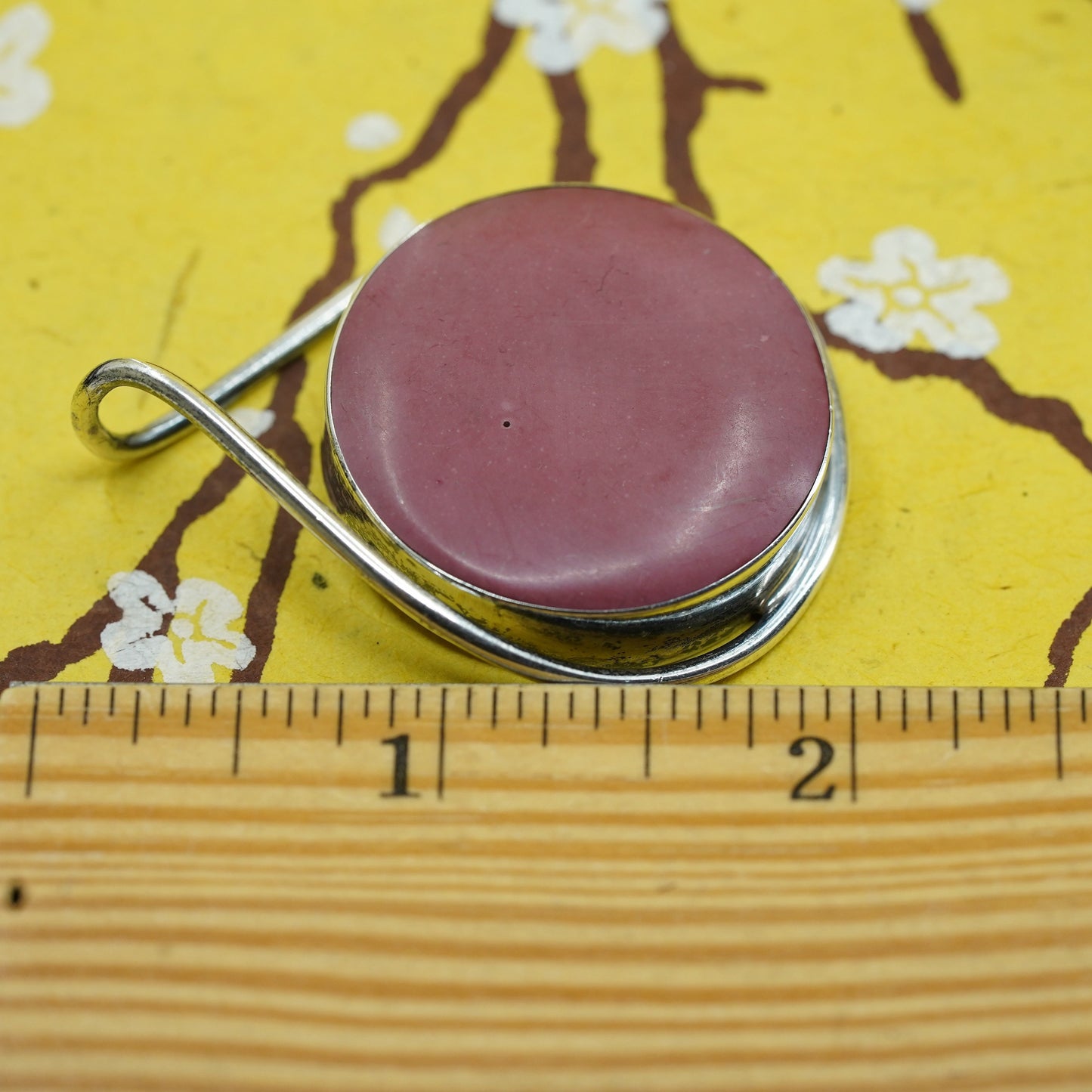 Vintage Mexico Sterling 925 silver handmade round pendant with pink jasper