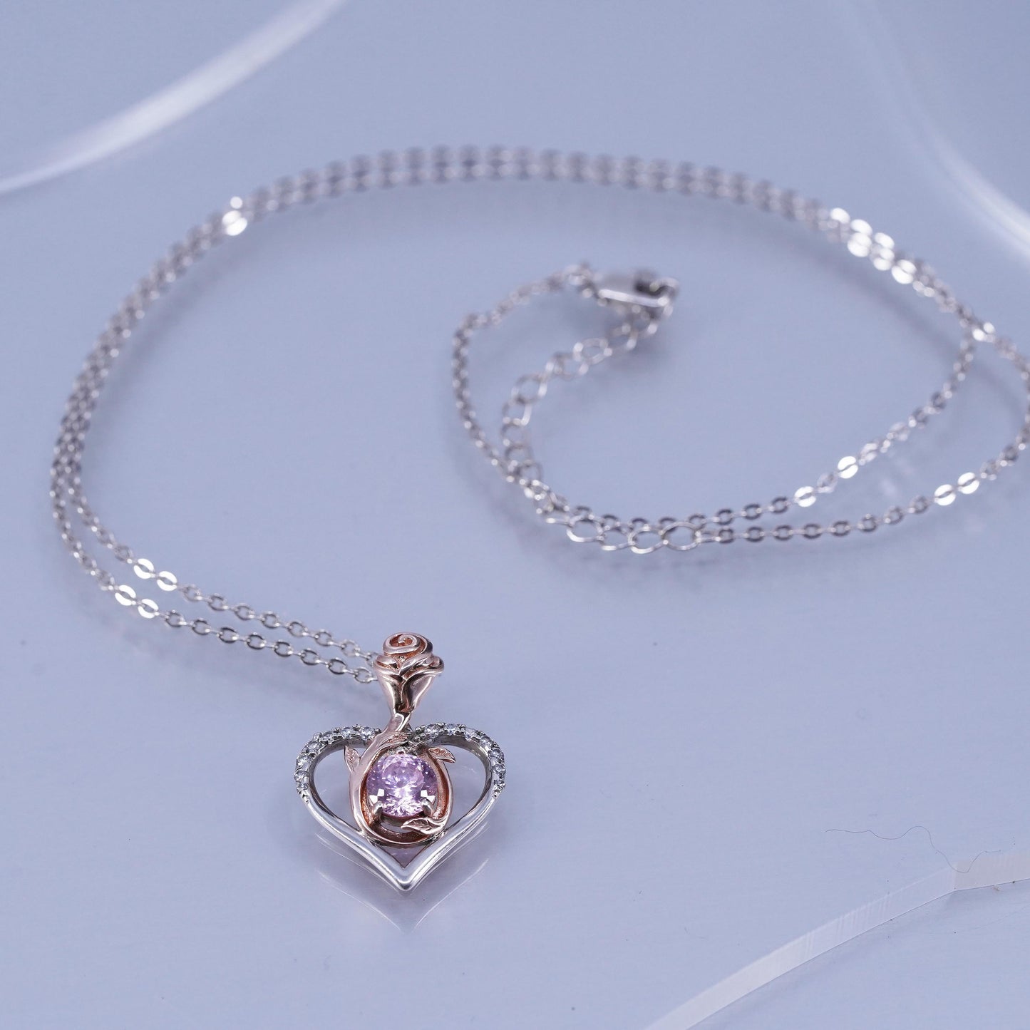 18+2”, two tone Sterling 925 silver flatten circle necklace cz heart pendant