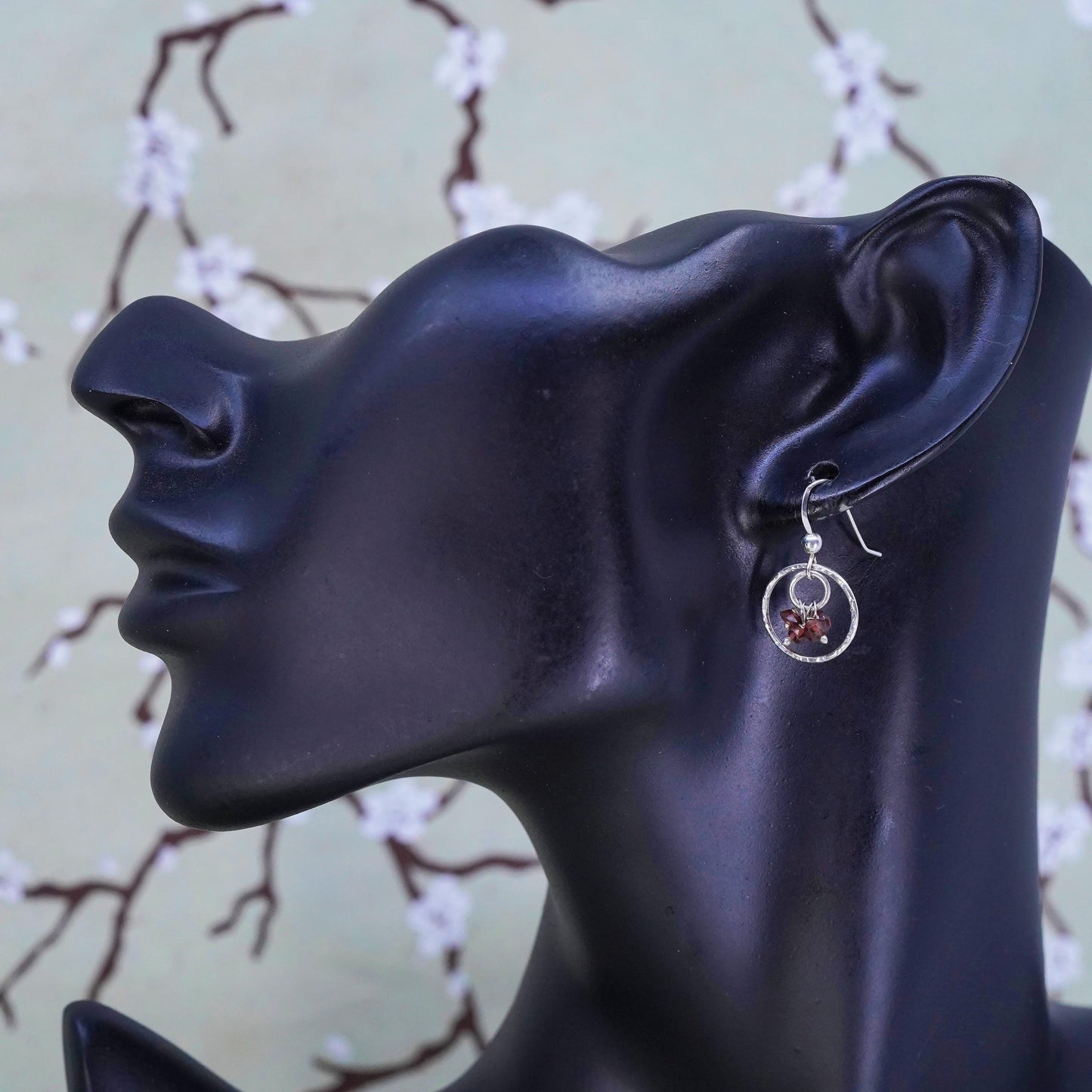 Vintage sterling 925 silver handmade chain earrings with garnet beads