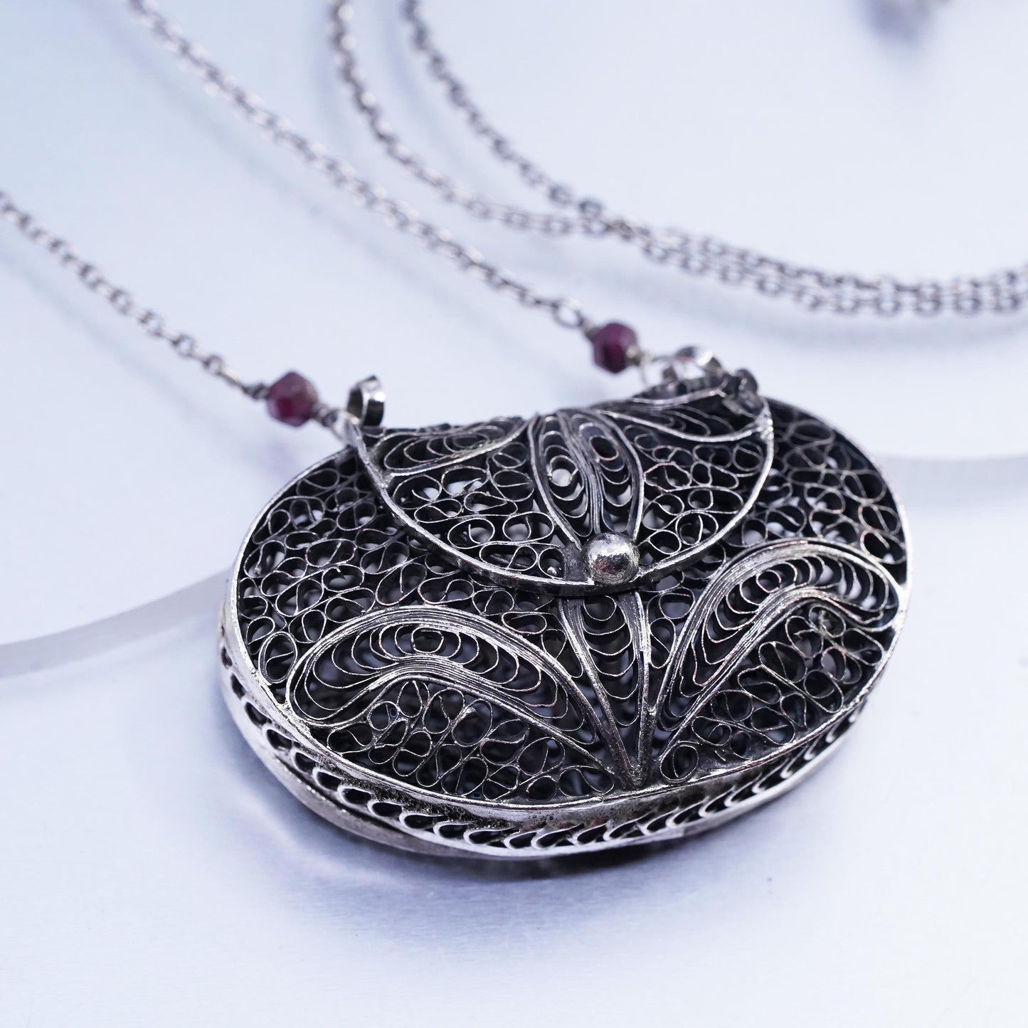32", Sterling 925 silver necklace filigree purse bag pocket locket pendant