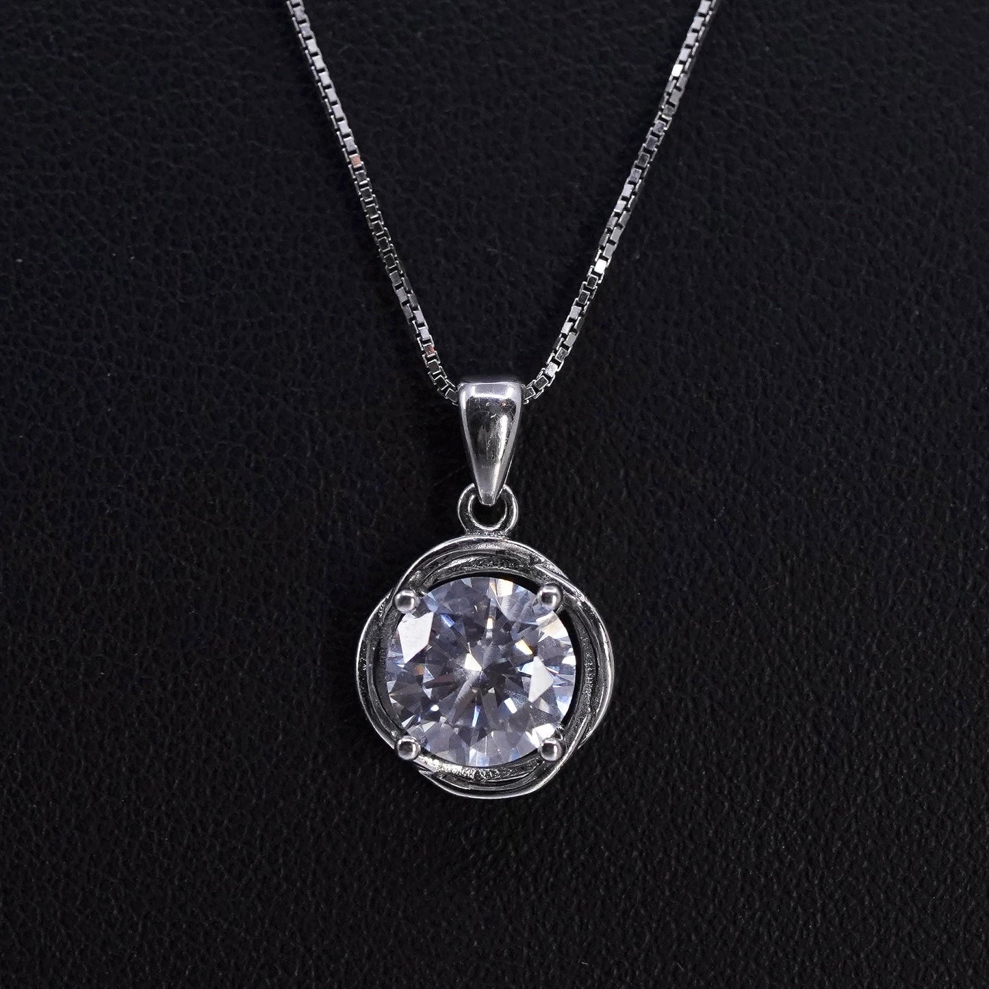 18" 1mm, vintage Sterling 925 silver handmade box necklace with cz pendant