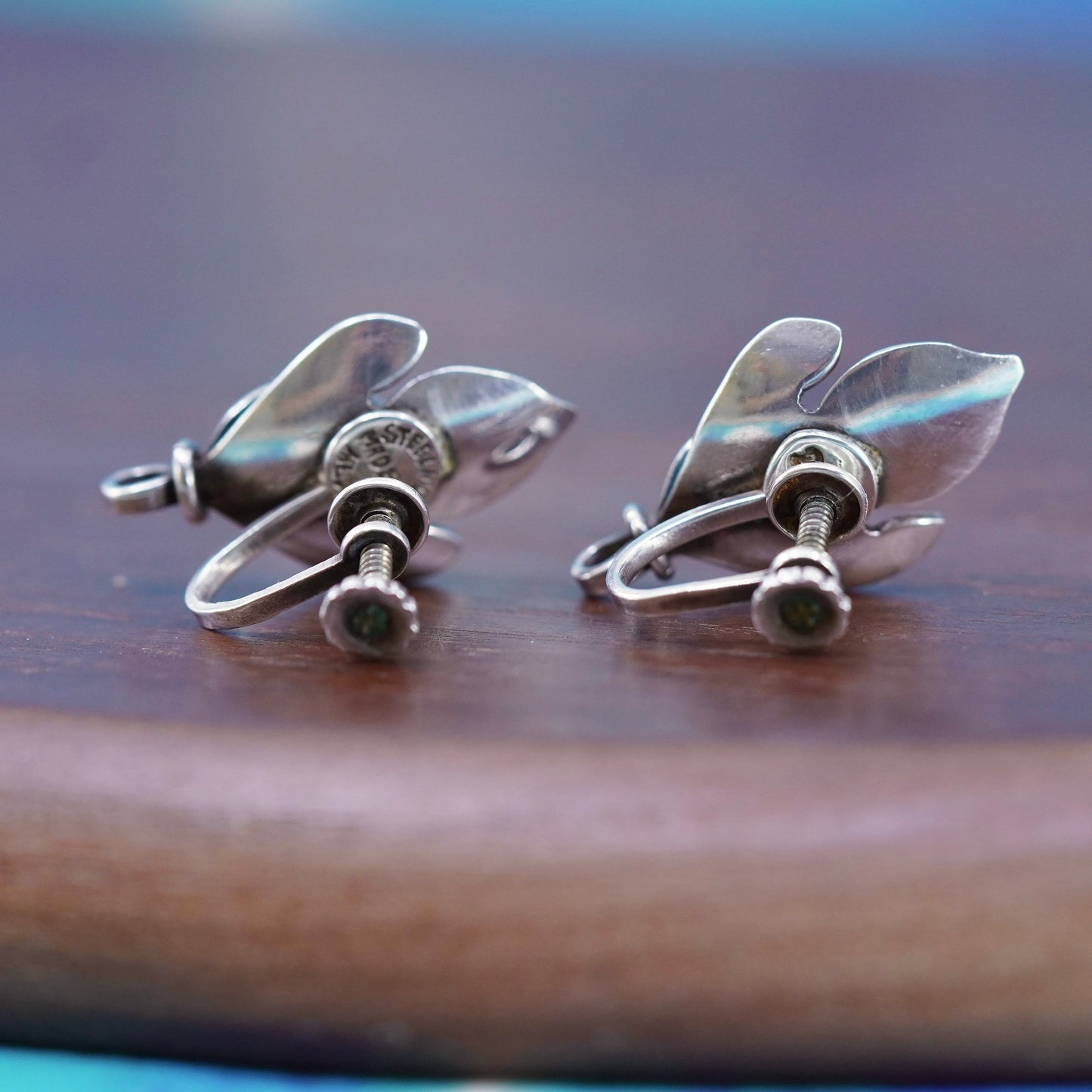 Vintage Mexico Sterling silver handmade earrings, 925 leaf screw back earrings