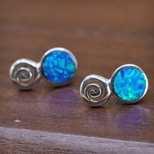 Vtg Sterling silver earrings, studs, 925 spiral studs with fire opal inlay