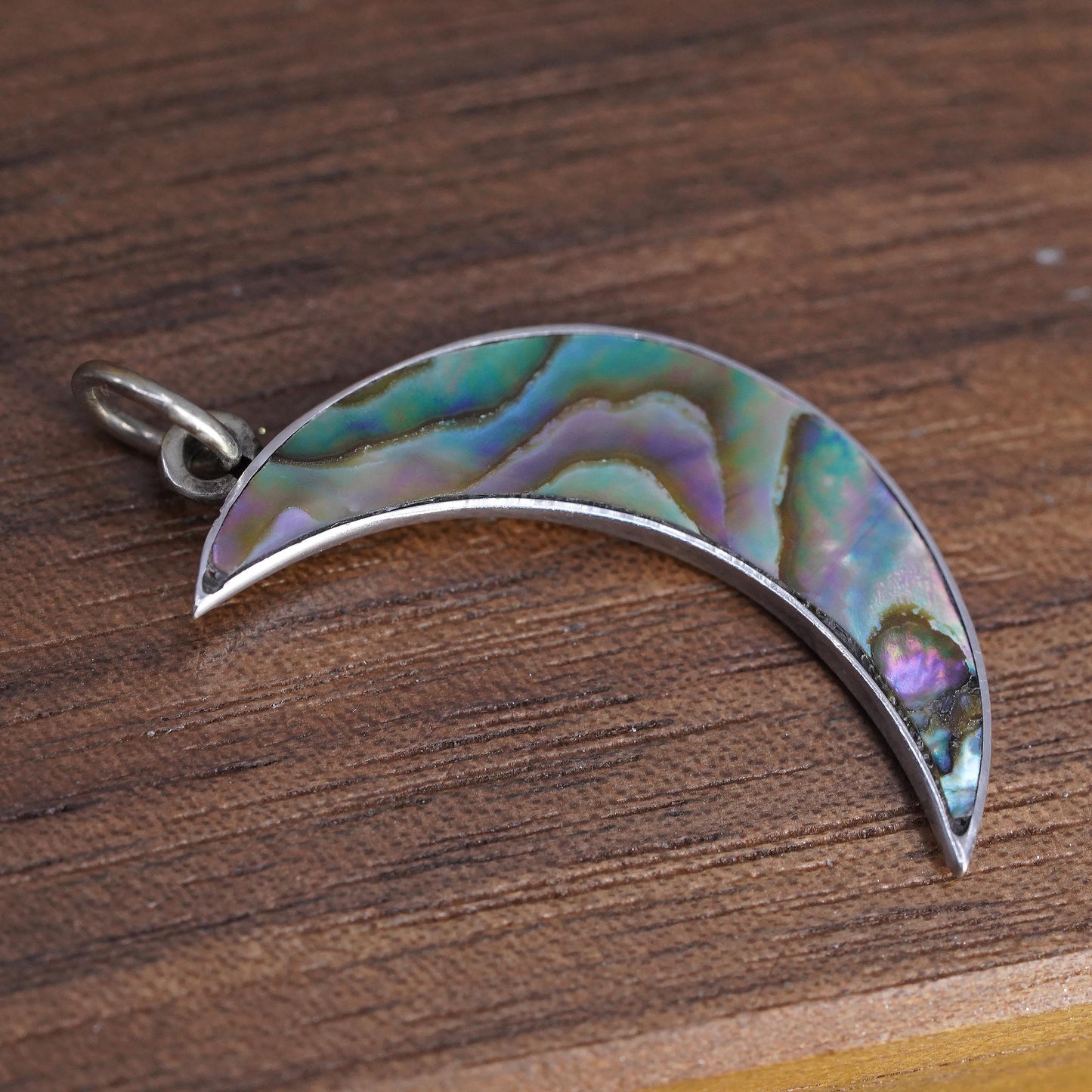 Vintage Sterling 925 silver handmade moon pendant with abalone inlay