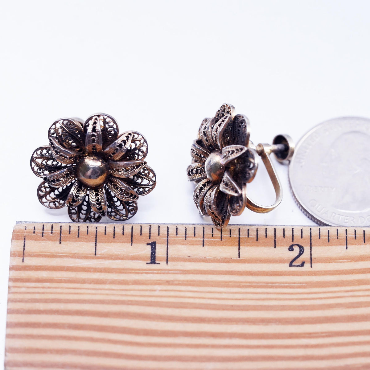 Vintage Vermeil Gold Over Sterling 925 Silver Filigree Screw Back Earrings Rose Flower